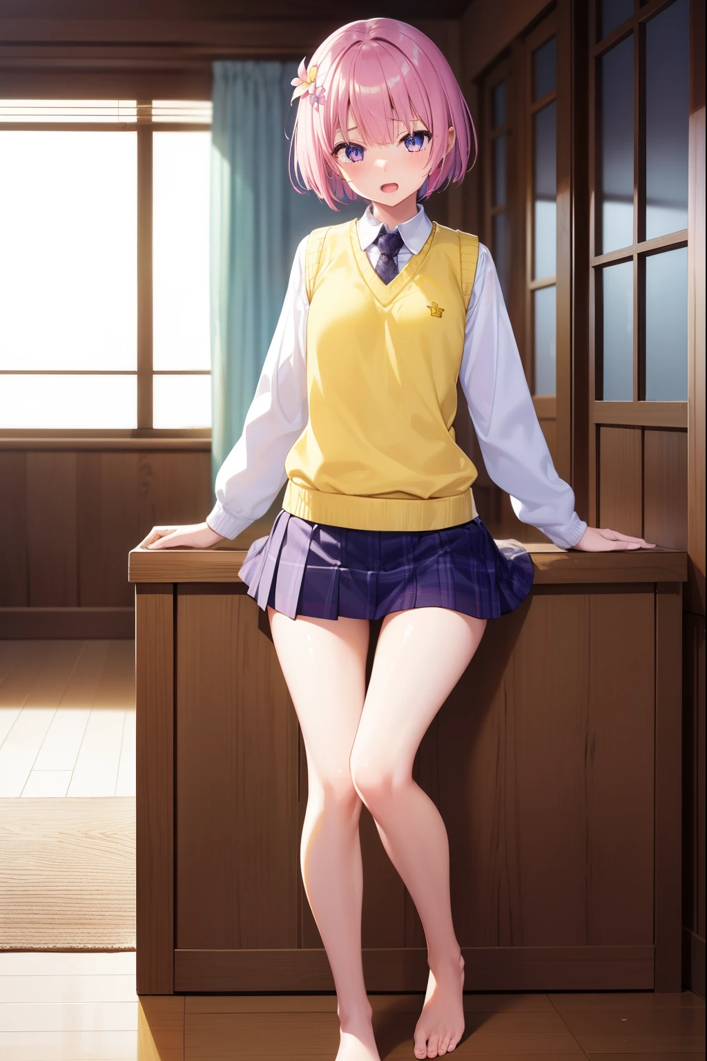 Momodeville Luke, Momodebilke, demon tail, Hair Flower, Hair Ornament, (Purple eyes:1.1), Pink hair, Short hair, tail,
Break the devil's tail, Green skirt, Plaid, plaid skirts, Southwest College Uniform, School uniform, Skirt, Sweater Vest, thighs thighs thighs thighs, (Yellow sweater:1.5), Elney, Ernidef, Shorts, 1girl in, Solo, face to the viewer, Looking at Viewer, Upper body, expression with open mouth、. Haiyi - Robot Variant 23:35:12 TOP QUALITY, full body detailing, Golden ratio, masutepiece, Raw photo (Detail of leg skin) (Blonde Straight Hair Short Hair) (Pale 20 year old woman, Short, Thin, gaze at the audience, bared chest, Naked genitals, Bare legs, Clean feet), Pay attention to the details of your feet., Open legs, , Attention to detail in organs, (Wear tulle), (Sitting on the playground), Full body, Perfect face, Amazing eyes, Vivid details, (High Detail Skin), S FW na, (Blood: 0.7), Aurora, (Backlight: 0.5), depth of fields, Canon 5D, 50mm Lens, F/4 aperture, (Super Detail), Clear focus, Pastel colors, 8K, consciousness, 8mm Film Food, war photography、Standing、Laugh、crying how bright、get angry、be shy、
BREAK looking at viewer,
Break indoors, crass room,
BREAK (masutepiece:1.2), Best Quality, High resolution, Unity 8k壁纸, (Illustration:0.8), (Beautiful detailed eyes:1.6), extra detailed face, Perfect Lighting, extremely details CG, (Perfect hands, Perfect Anatomy),