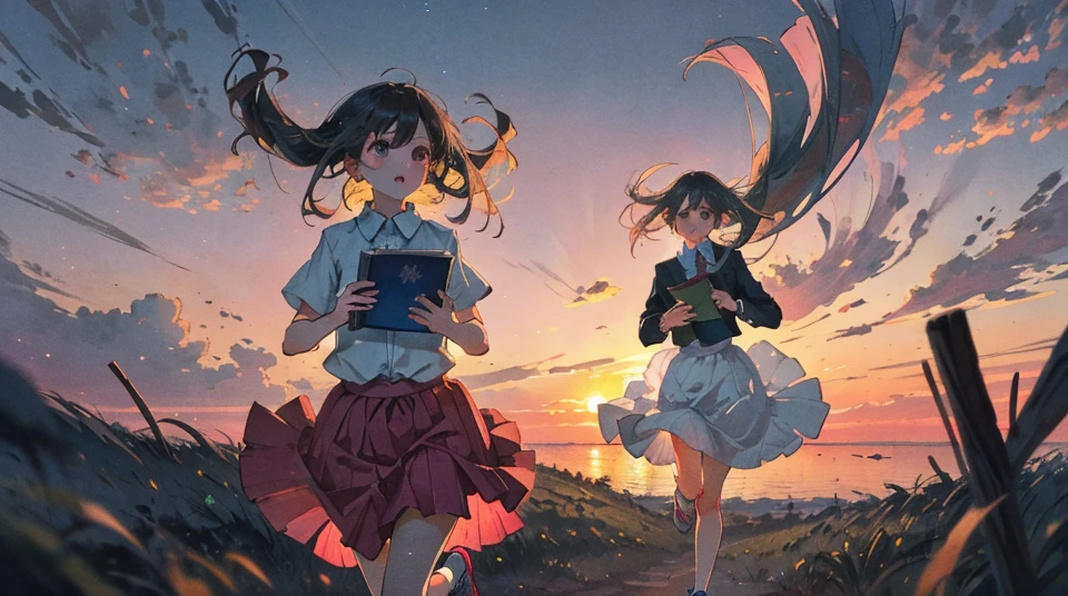 on a hill,Pretty girl,Evening glow,Pink long skirt、White blouse,Skirt is wind、Watching the sunset,face lights Country girl Ruffled skirt Running Girl Have a book