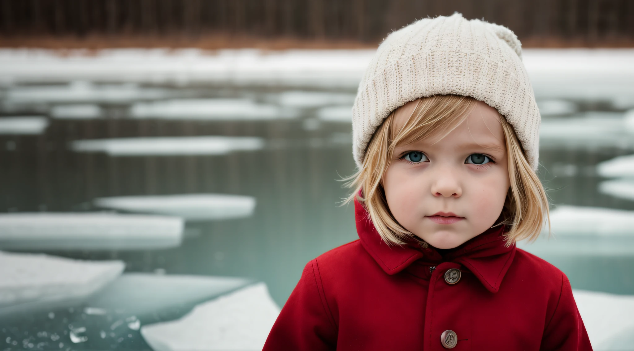 BLONDE CHILD KIDS in a red dress, PORTRAIT, COLD, ICE.