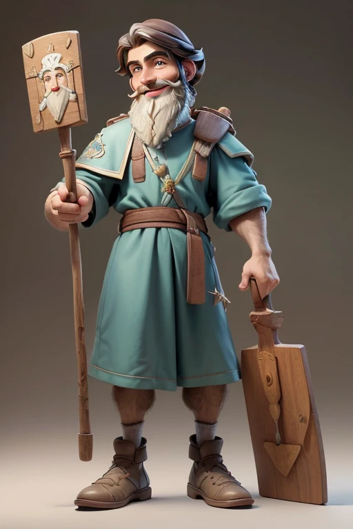 masterpiece, best quality, detailed face, a cartoon of young Saint Joseph smiling, beard, wearing a jewish tunic, holding a walking stick, (((full body))).