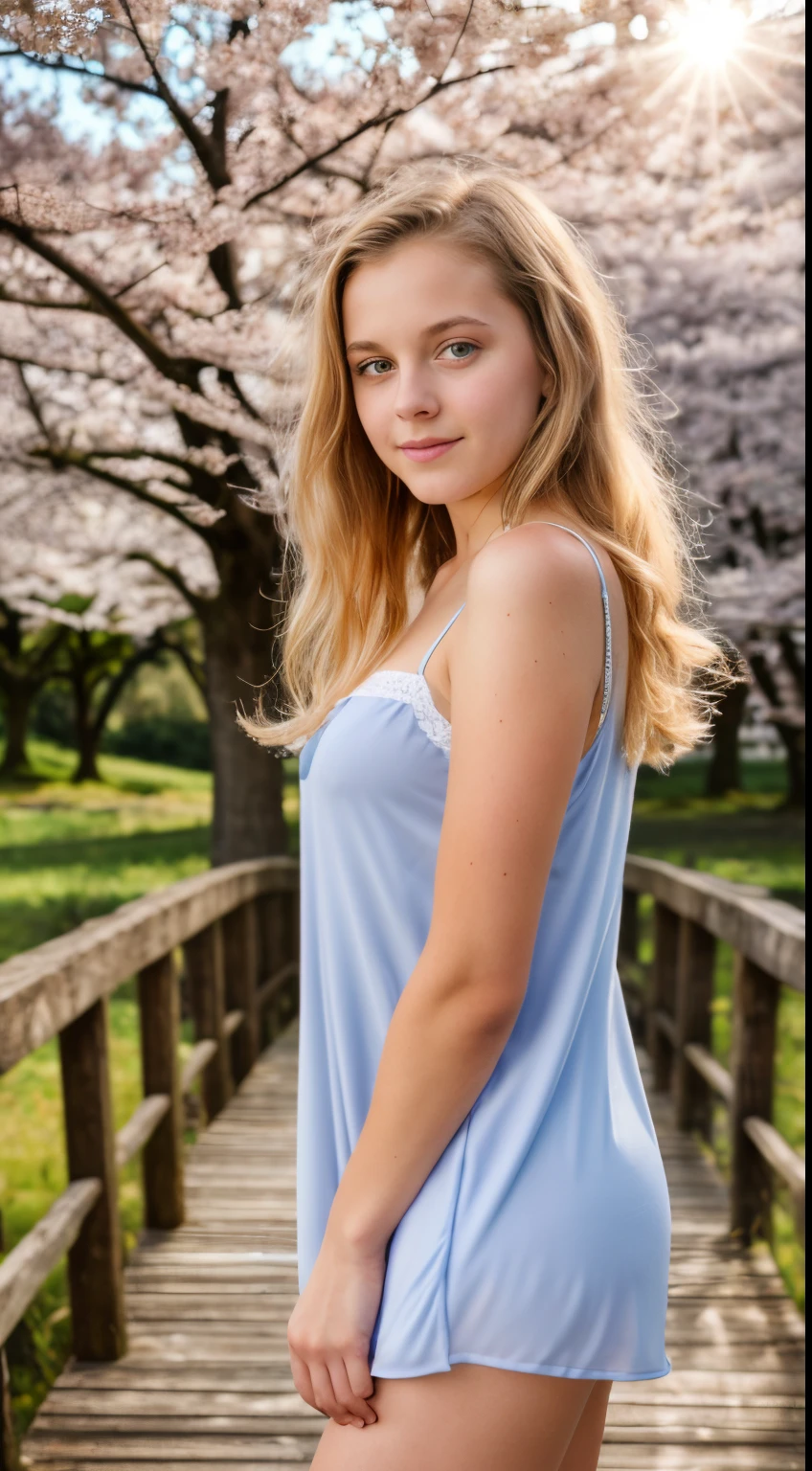 16 year old pre-teen, European, blonde, small breasts, big eyes, long legs, close-up of thighs, nightgown, park background, crossing a wooden bridge, tree, cherry blossom, sunrise, light through fabric , specular light, ray tracing, HDR