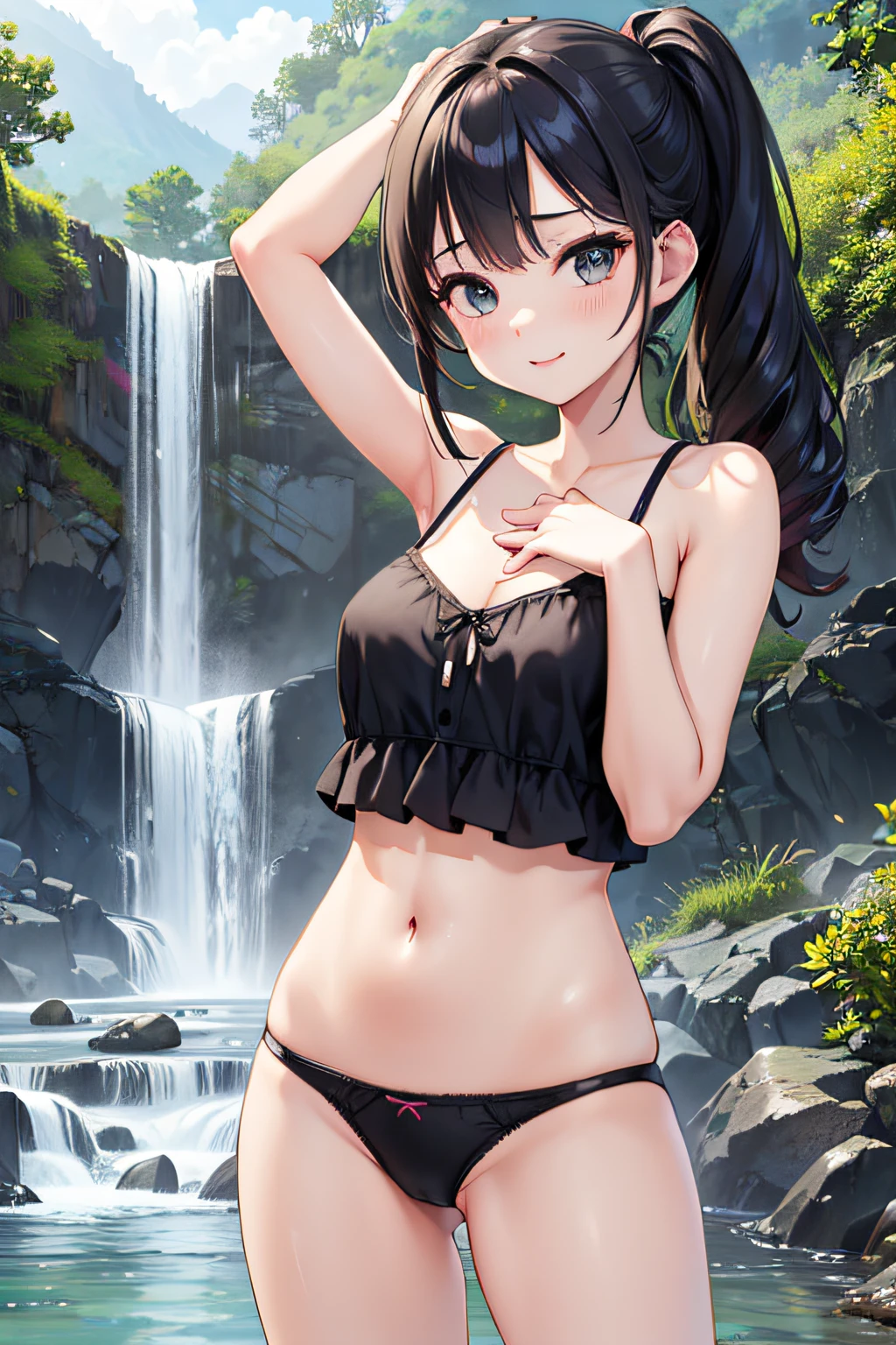 Realistic image、Trendy and sexy fashion、stylish、Unique hairstyles、idol、top-quality、masterpiece、超A high resolution、(Photorealsitic:1.4)、Raw photo、(((sexy pose)))、Background with(clear stream、Waterfall is flowing)、(((Underwear)))