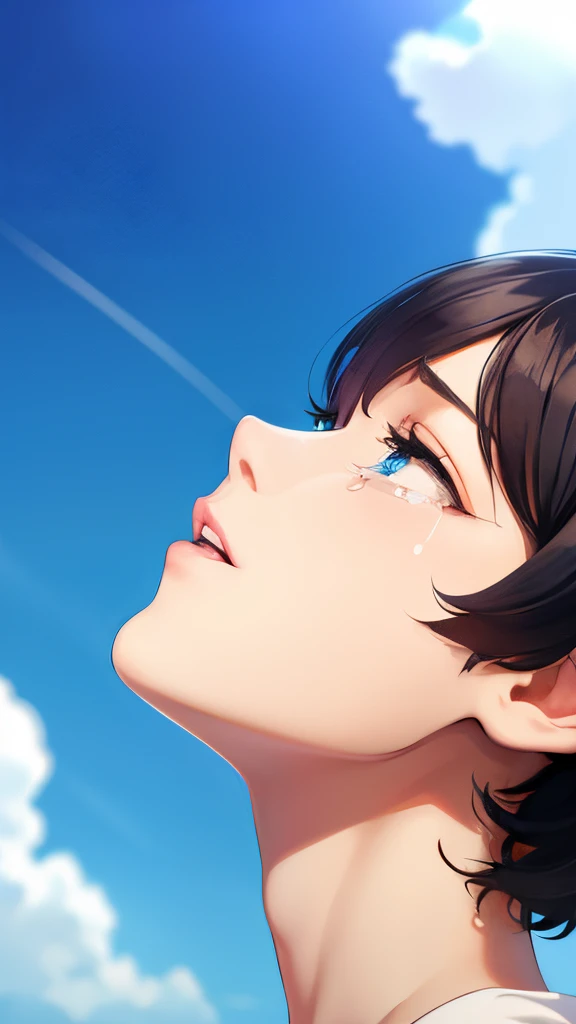 Crying face,femele,short-cut,refreshing,blue-sky,look up sky,full bodyesbian