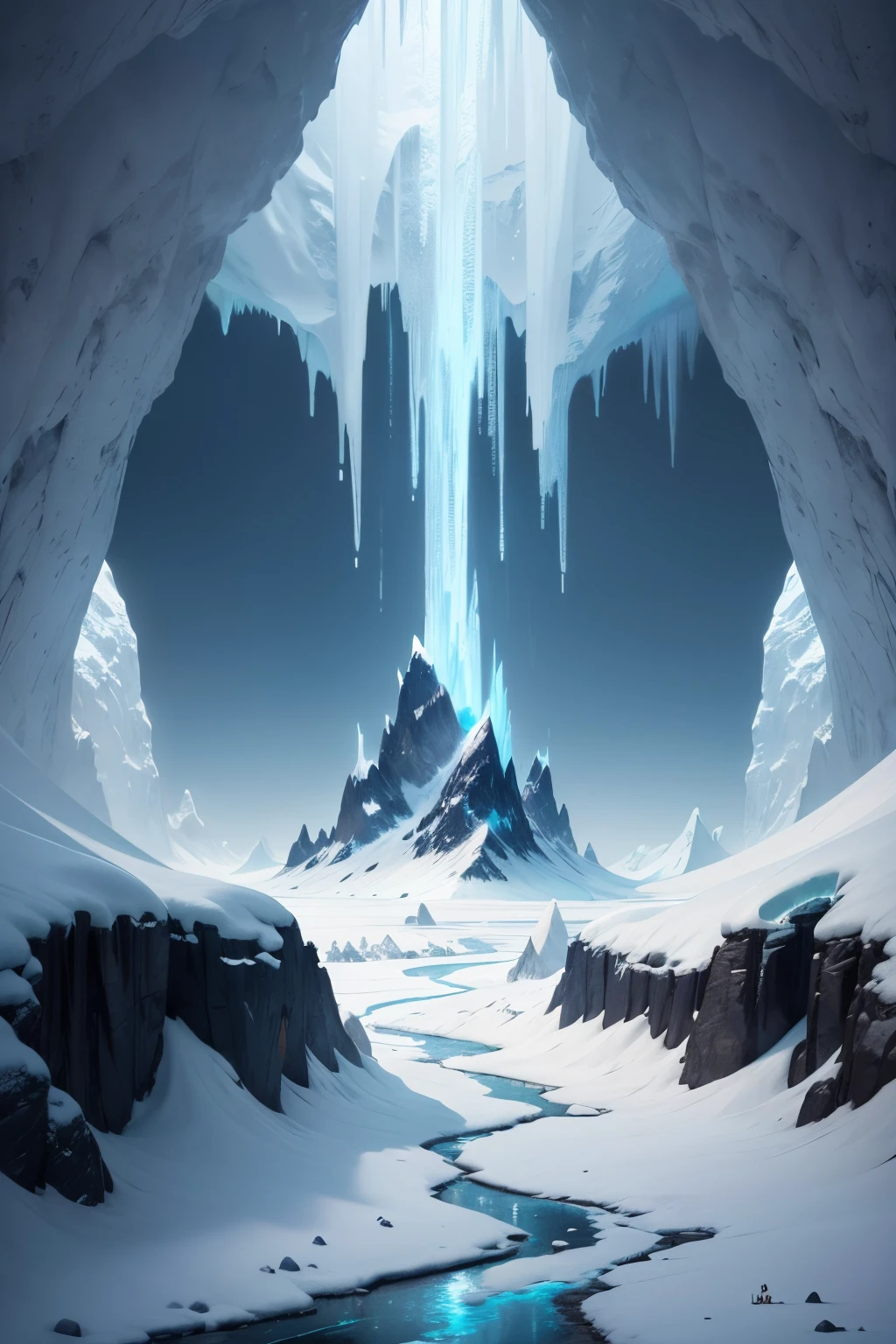 there is a photo of a frozen cave with ice formations, Arte conceitual de inverno um lugar deserto, Pilares de fundo de gelo, em uma caverna gelada, caverna de neve, caverna de gelo, Fundo de tundra gelada, Cachoeira congelada, Vasta masmorra de gelo, Icy Mountains, Papel de parede de arte conceitual 4K, papel de parede 4K, papel de parede 4k, ❄️ ConceptArt Corruption, paper awesome wallpaper, Arte digital altamente detalhada em 4k