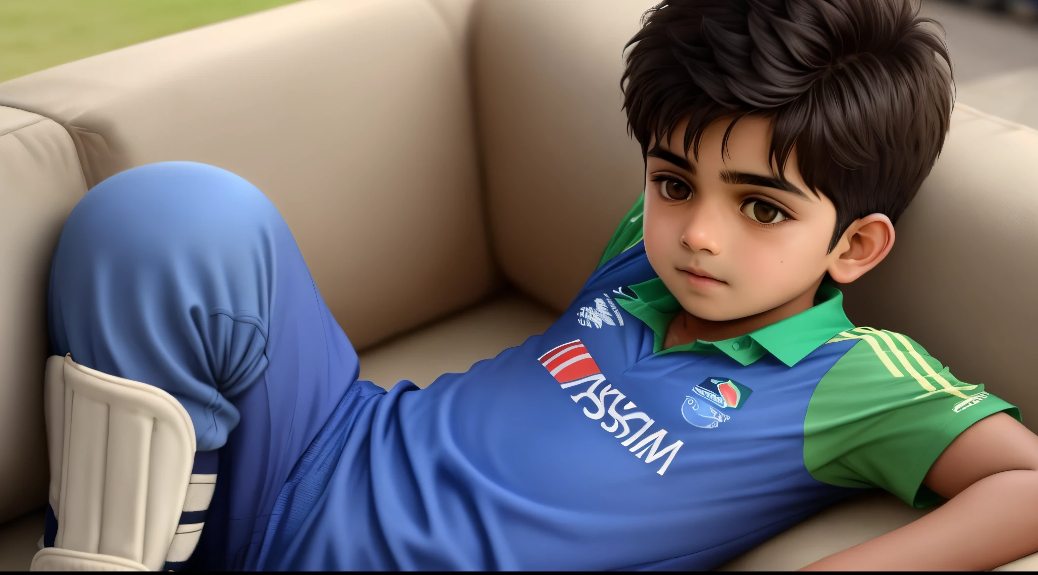 Picture of a boy watching Pakistan vs india cricket match wearing Pakistani shirt name Abrar