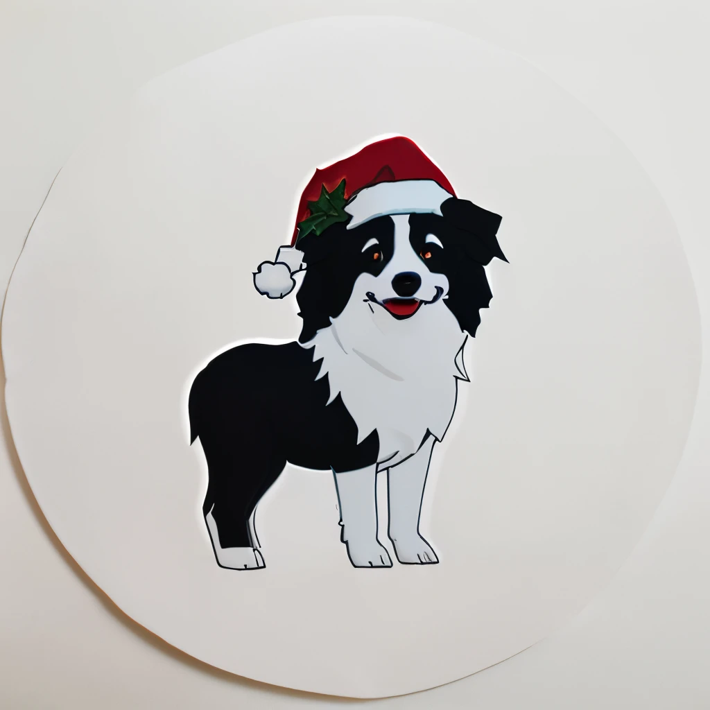 Full Border collie christmas hat with poinsettia, Simple black silhouette and white outline silhouette, flat, 2d, on white background