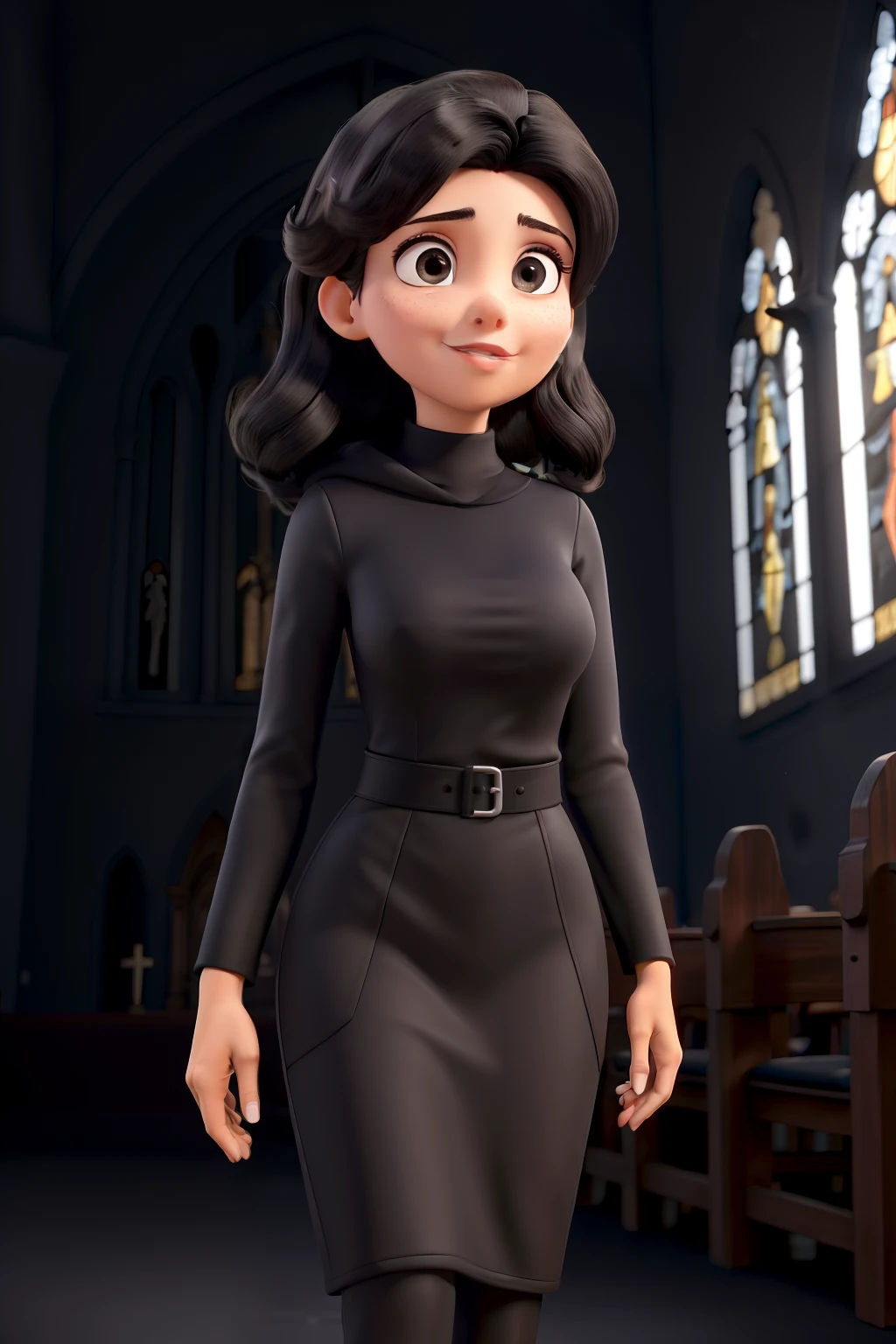 (master part:1.2), (best quality:1.2), olhos perfeitos, rosto perfeito, perfect lighting, 1girl, mature female in a church with black walls, black middle hair. roupas detalhadas, fundo exterior da igreja moderna. Microphone in hand near mouth. In front of the character a pulpit