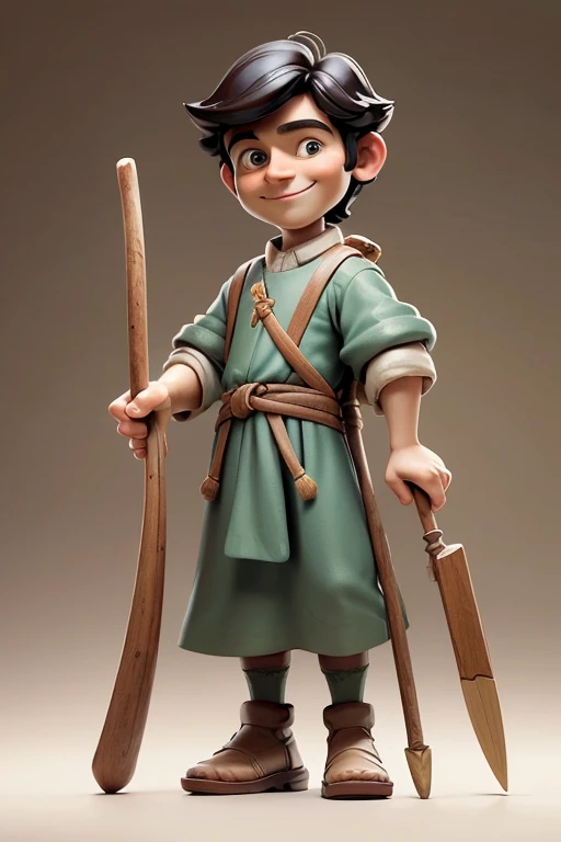 masterpiece, best quality, detailed face, a cartoon of young Saint Joseph smiling, wearing a tunic, holding a simple walking stick, (((full body))).
