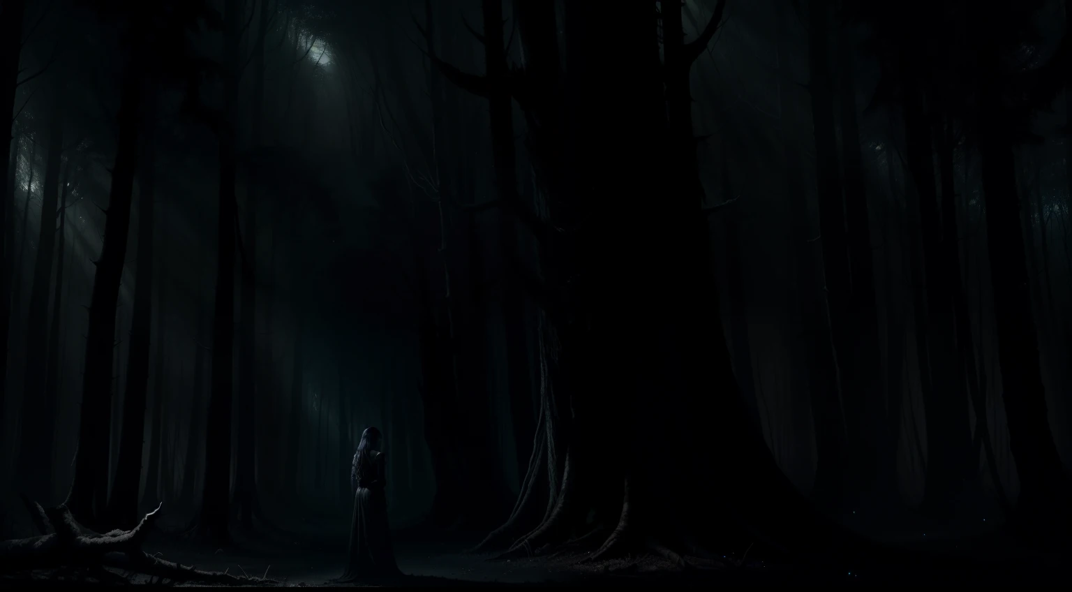 a woman in black standing with her back towards the viewer in a dark forest, solo, shines in her hair, an ominous fantasy illustration, dark fantasy style art, dark fantasy concept art, Dark matte fantasy painting, dark concept art, Dark Fantasy Illustration, dark fantasy artwork, in style of dark fantasy art, dramatic concept art, dark fantasy art, dark cinematic concept art