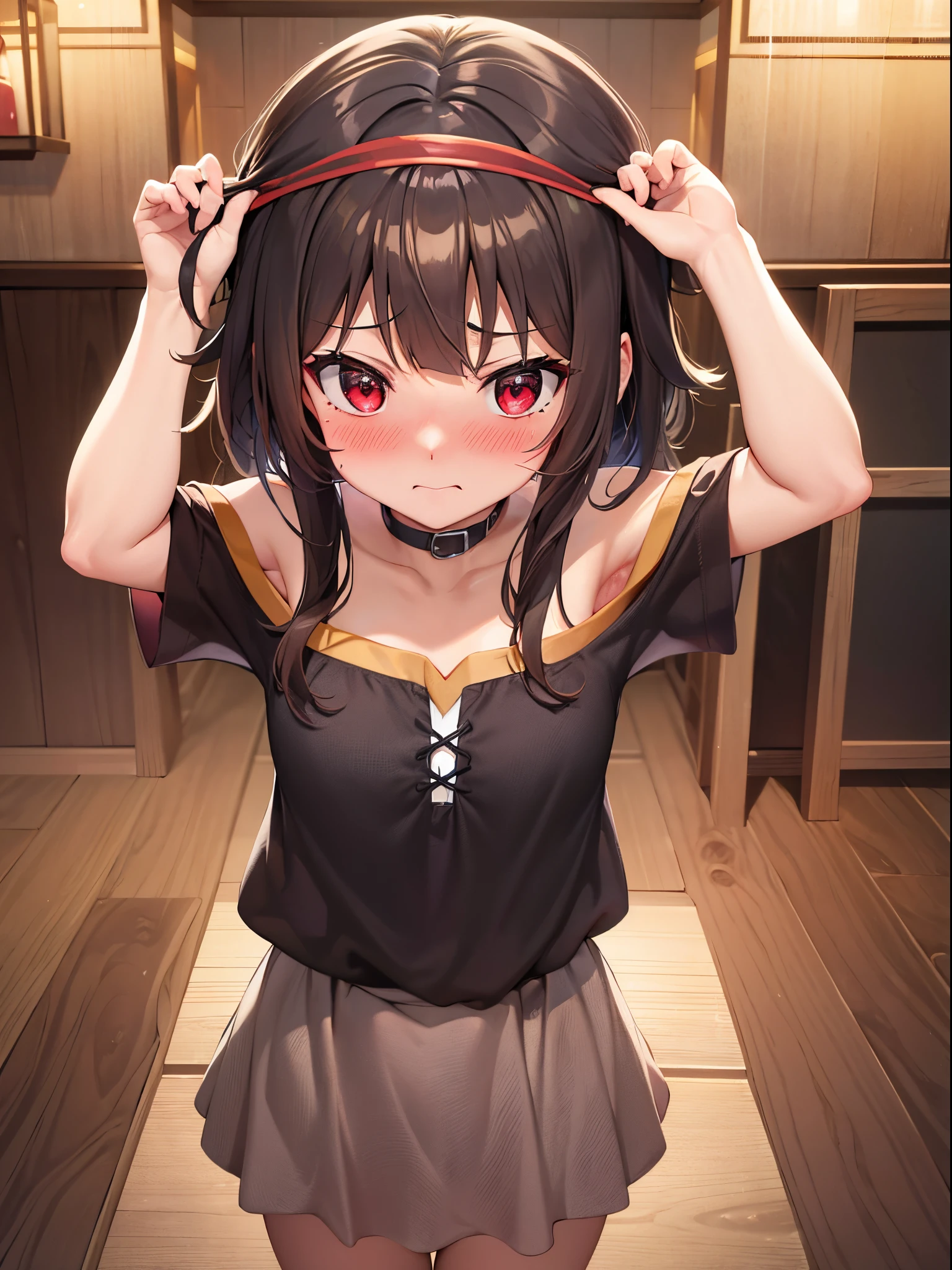 Megumin masterpiece, off shoulder, Kono Subarishii Sekai Ni Shukufukuwo, point of view, looking at viewers, armpit visible,face blush,embarrassed,((masterpiece)),