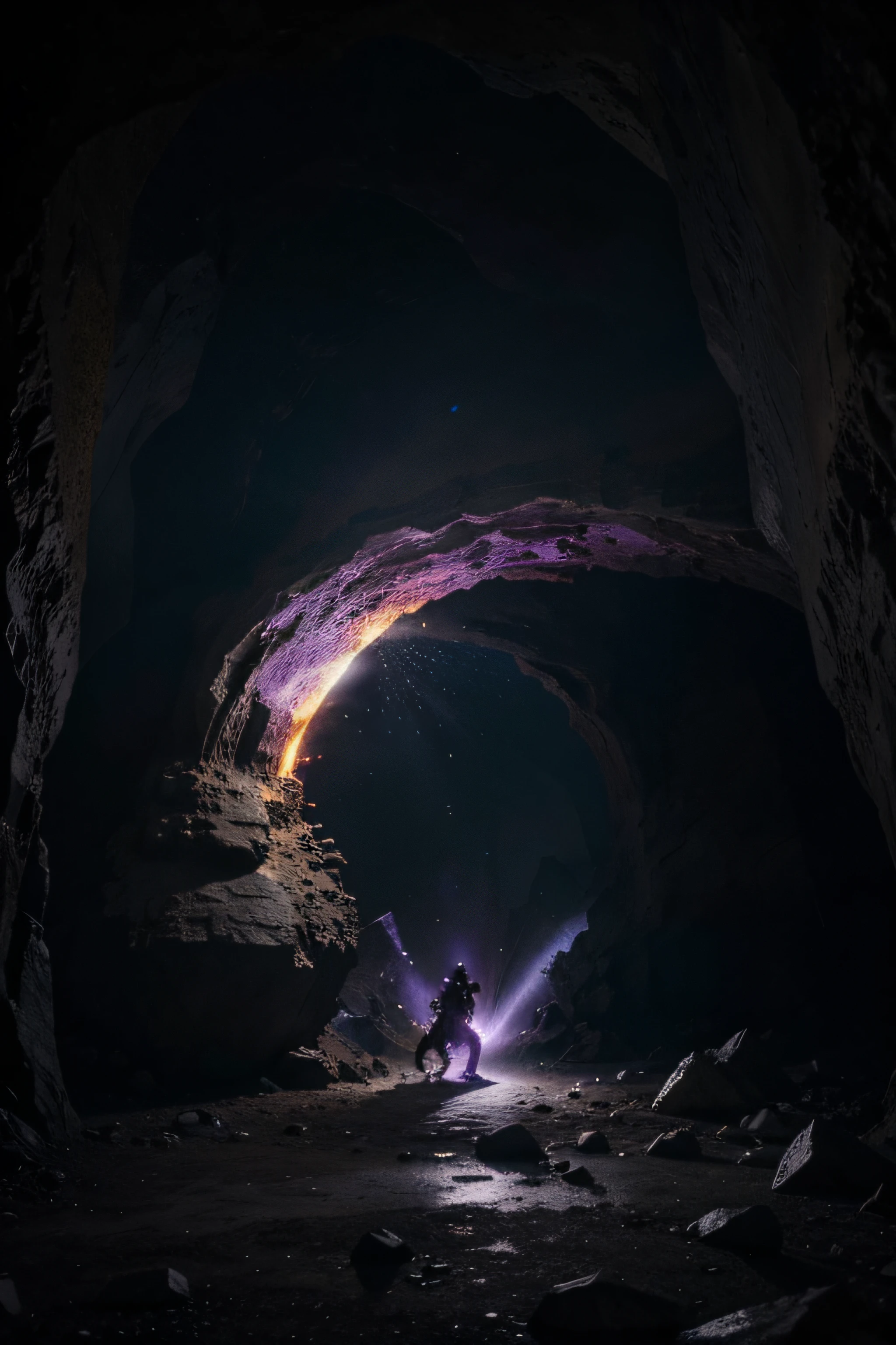 image of a universe exploding through a magical portal, which is inside a cave, a medieval knight is riding his dragon, which spits purple particles from its mouth, lush landscapes around, fire realism, unreal engine, maximum quality, 8k