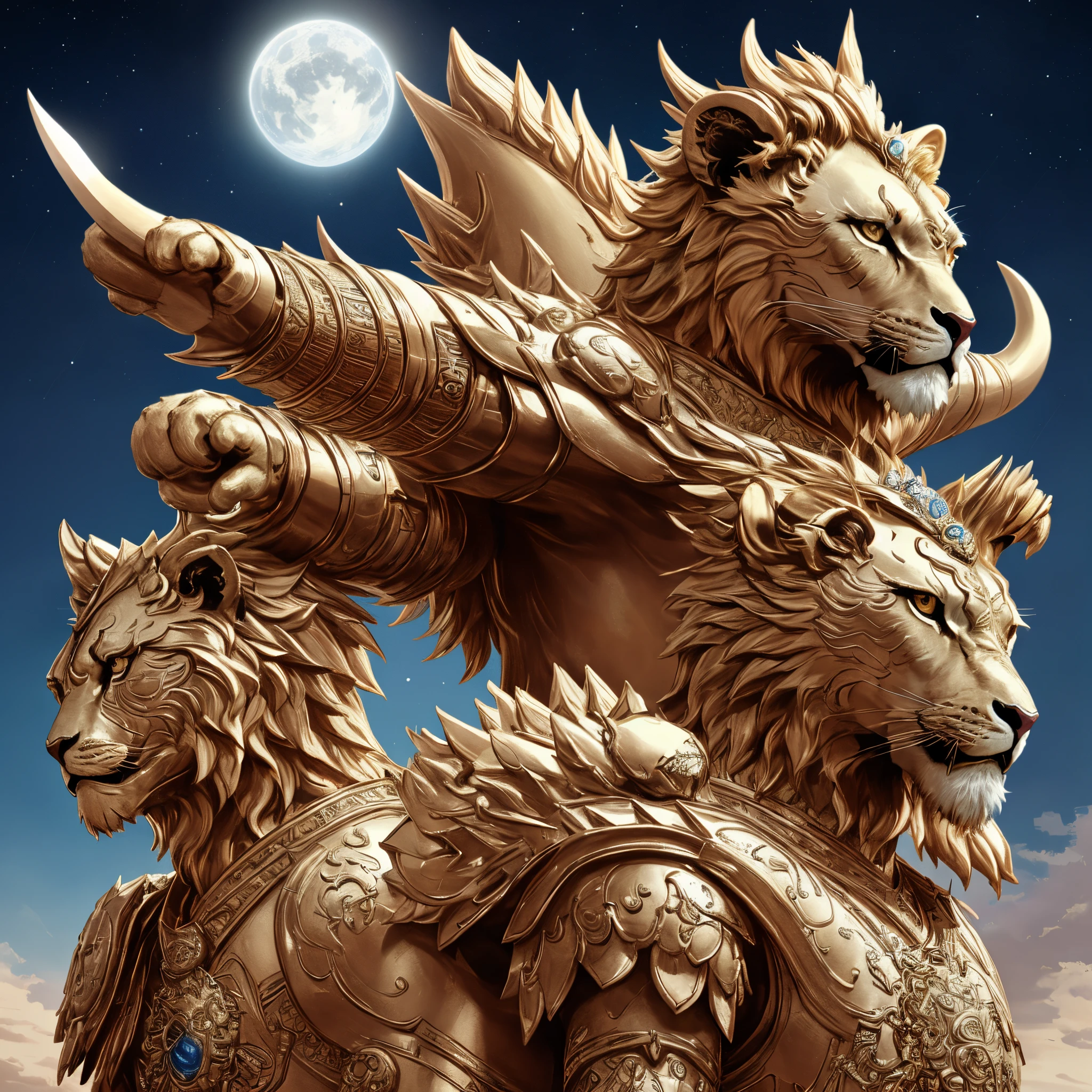 In a distant realm, majestic lions have evolved into fearless soldiers of an ancient cosmic battle. Adorned in gleaming armor and sharp claws, these warrior lions lead their troops with ferocity and courage, safeguarding realms against intergalactic threats.