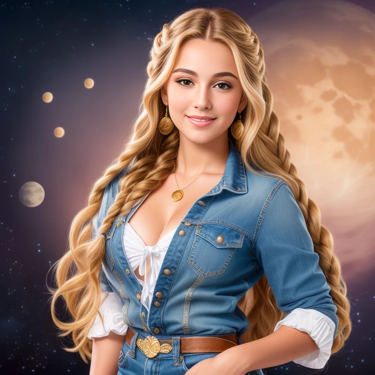 (best quality, RAW photography, extremely detailed, 4k,8k,high res,masterpiece:1.2),ultra-detailed, photorealistic, full body shot,golden bronde hair in braids Mature and beautiful, realistic portrayal:1.2 Sailor Moon smiling posing for a photoshoot, dressed up in jeans. The backdrop is full of moons