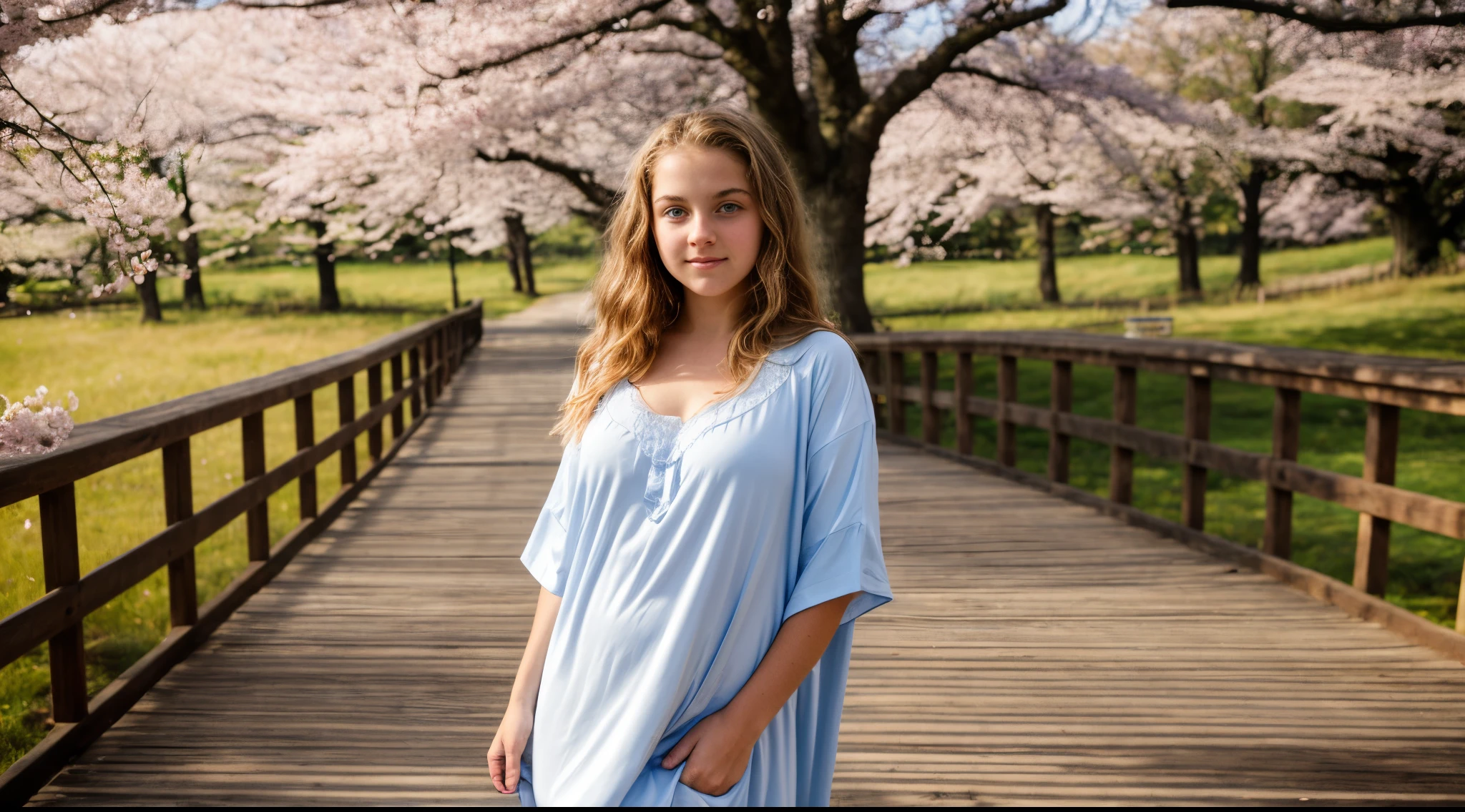 16 year old pre-, European, blonde, small breasts, big eyes, long legs, close-up of thighs, nightgown, park background, crossing a wooden bridge at the lake, tree, cherry blossom, sunrise, light through fabric, specular light, ray tracing, HDR