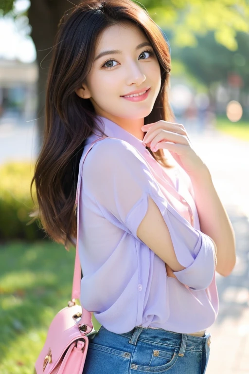 beautiful woman with good eyes and nose、Beautiful as a model、Cute like a model、Eyes are double、Usage of regular mascara、Eye color blue、Hair color pink、Her face is delicate and classy.、imagem 4k、Beautiful style like a model、Ordinary big、A refreshing and lovely smile、Yellow blouse、plain orange miniskirt、University campus on a sunny day、Pose like a model、Overall portrait、Snapshots、Grab your second bag、