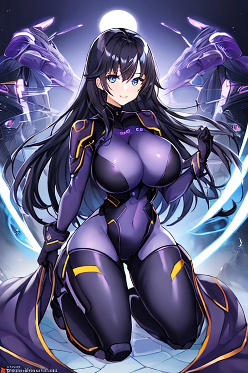 1girl, black hair, large breasts, breasts, thick thighs, wide hips, blue eyes, bodysuit, black bodysuit, long hair, light smile, science-fiction, tech, futuristic, purple clothes, machinery, anime style, anime screencap, leotard, full body, night, sky, moon