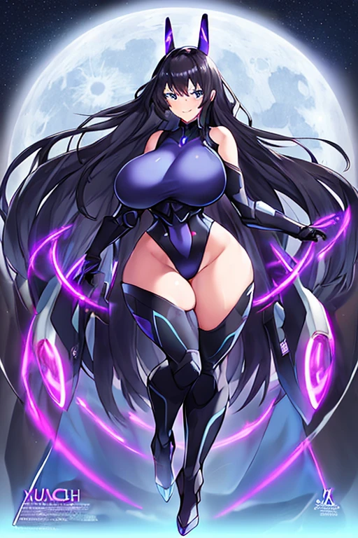 1girl, black hair, large breasts, breasts, thick thighs, wide hips, blue eyes, bodysuit, black bodysuit, long hair, light smile, science-fiction, tech, futuristic, purple clothes, machinery, anime style, anime screencap, leotard, full body, night, sky, moon