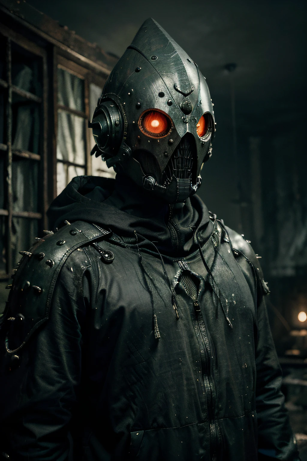 ((gloomy biopunk horror atmosphere)), (biopunk monster man), cone shaped head, brightly glowing light green sharp eyes, (8 eyes), (many eyes), (pale iron cone closed helmet), closed cloak, dark brown closed clothing, gloomy cold lighting, cold lights, (scorn videogame style), horror atmosphere, (presence of something terrible), highly detailed biopunk background, background by Hans Giger, perfect anatomy, masterpiece