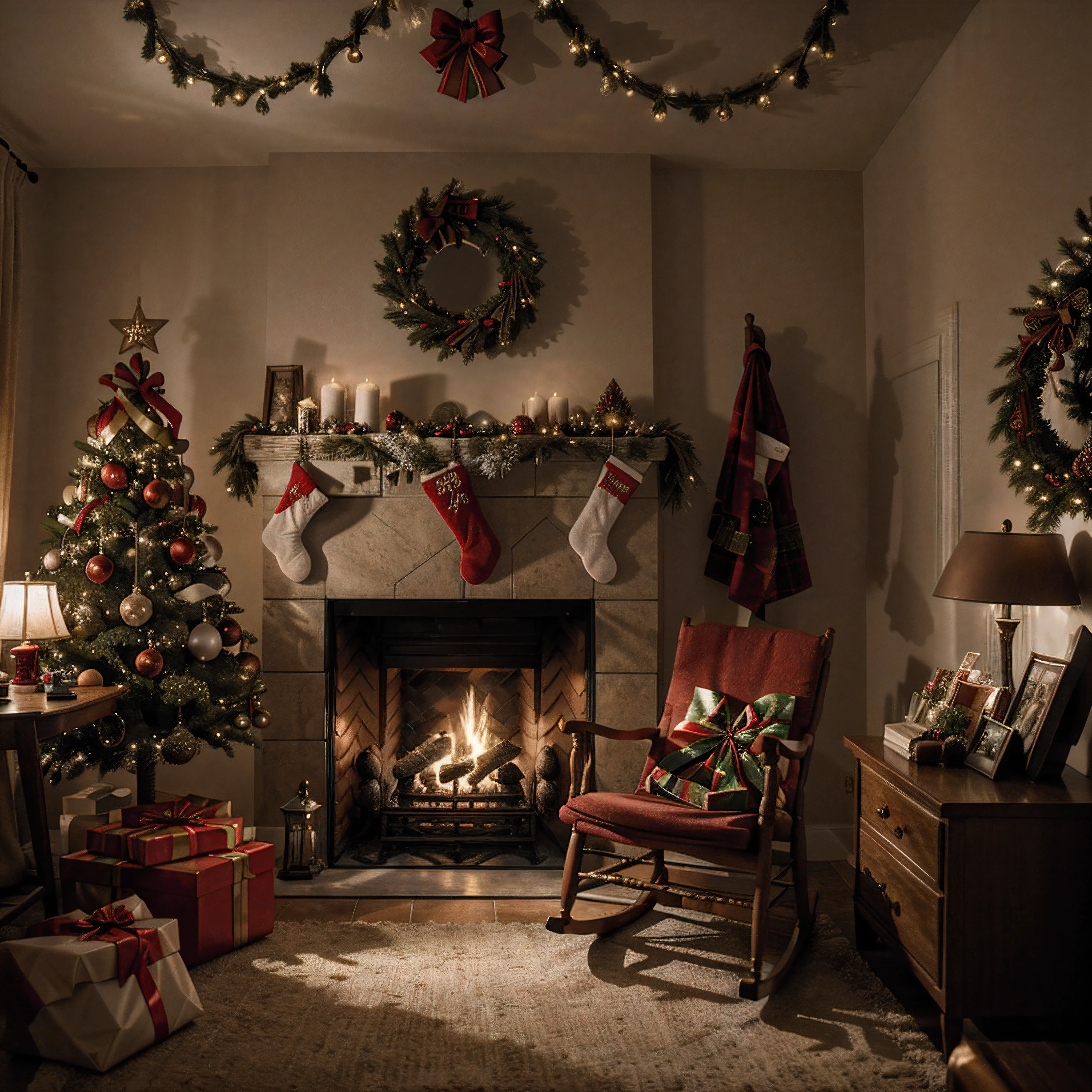 hyper realistic image of a Christmas decorated room and a fireplace, half light, with Santa's clothes folded on top of a rocking chair, 8k super resolution, f/22, 35mm lens, cinematic lighting, detailed shadows, intricate details