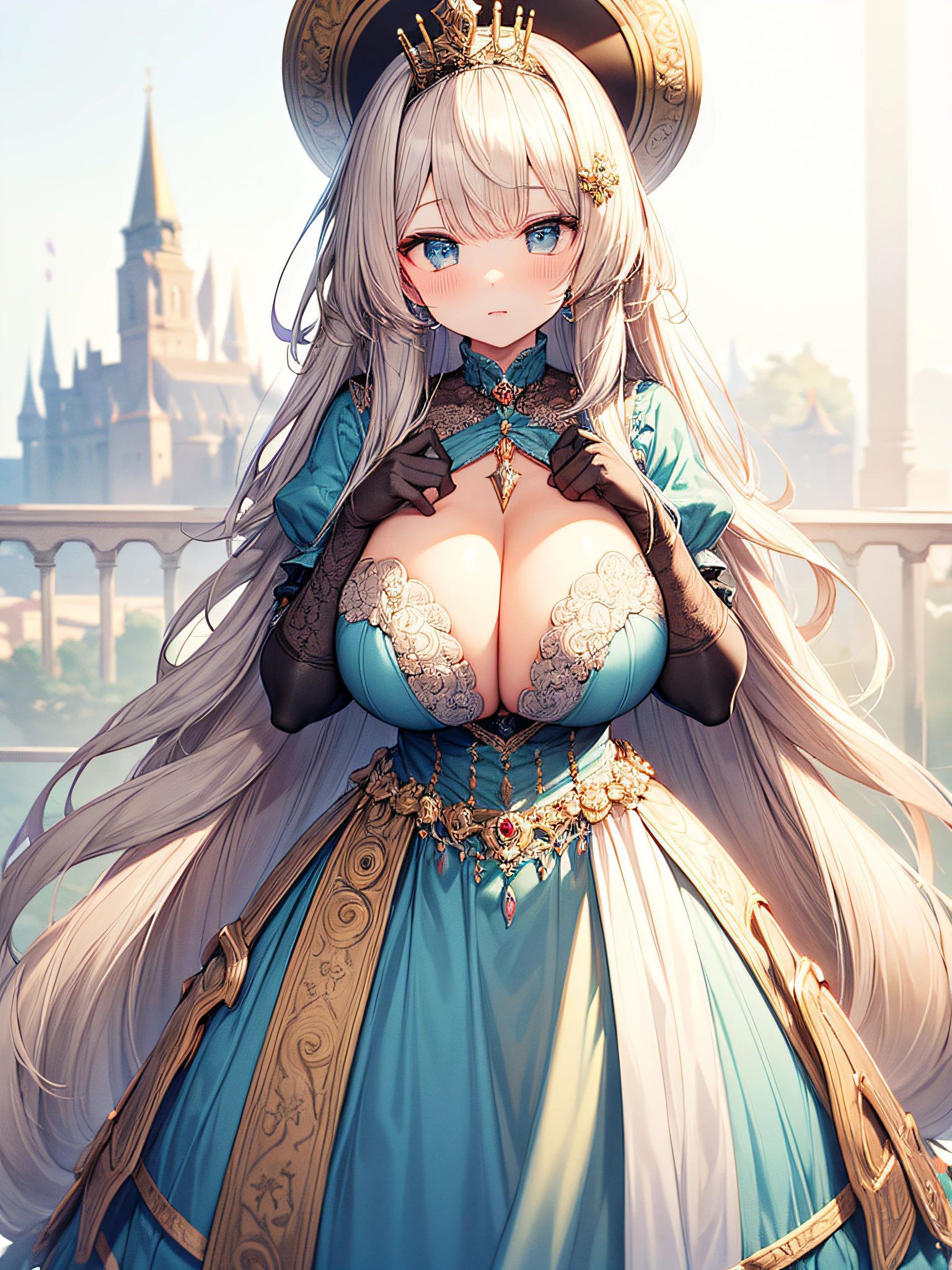 anime artstyle,Masterpiece,(Best Quality),(Super Detail),(Very Delicate and Beautiful),(Solo),((full body portrait)),full body,full body portrait,(detailed face and eyes),jewel-like beautiful eyes,beautiful female princess,elegant pose,(gorgeous rococo ballgown decorated with frilled voluminous full length hoop skirt),((beautiful embroidery and jeweled gorgeous rococo ballgown with voluminous full length hoop skirt)),((Crinoline)),super detailed gorgeous rococo ballgown with frilled voluminous full length hoop skirt,(large amount of straight hair,extremely voluminous Very Long straight Hair,Absolutely Long Straight Hair),((gigantic boobs)),cleavage,(fantasy castle,outdoors,outside the castle),long_gloves,extremely gorgeousfull jeweled hair ornament,bling-bling extremely gorgeousfull jeweled tiara,(luxurious jewelry),full body portrait