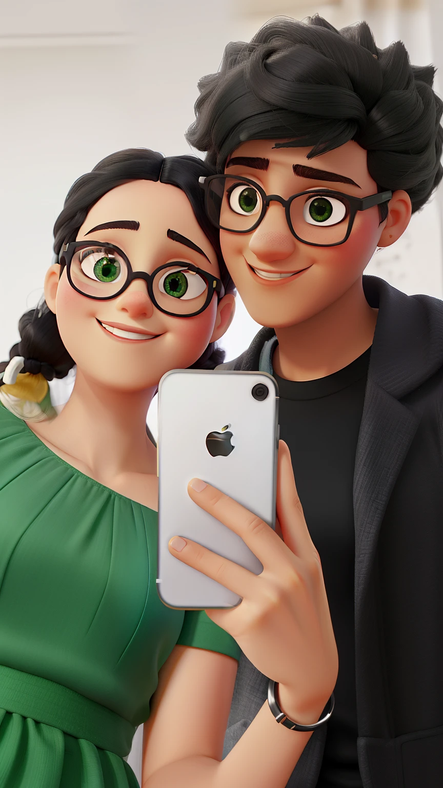 Um casal, a  de vestido verde segurando o celular iphone branco, Black Rounded Glasses, com duas trancinhas no cabelo, sorrindo, uma covinha do lado esquerdo do rosto. The boy with dark black round glasses black blouse, jaqueta preta, cabelo cacheado curtinho, bigodinho, alargador na orelha direita, sorrindo olhando para o celular. Fundo branco
