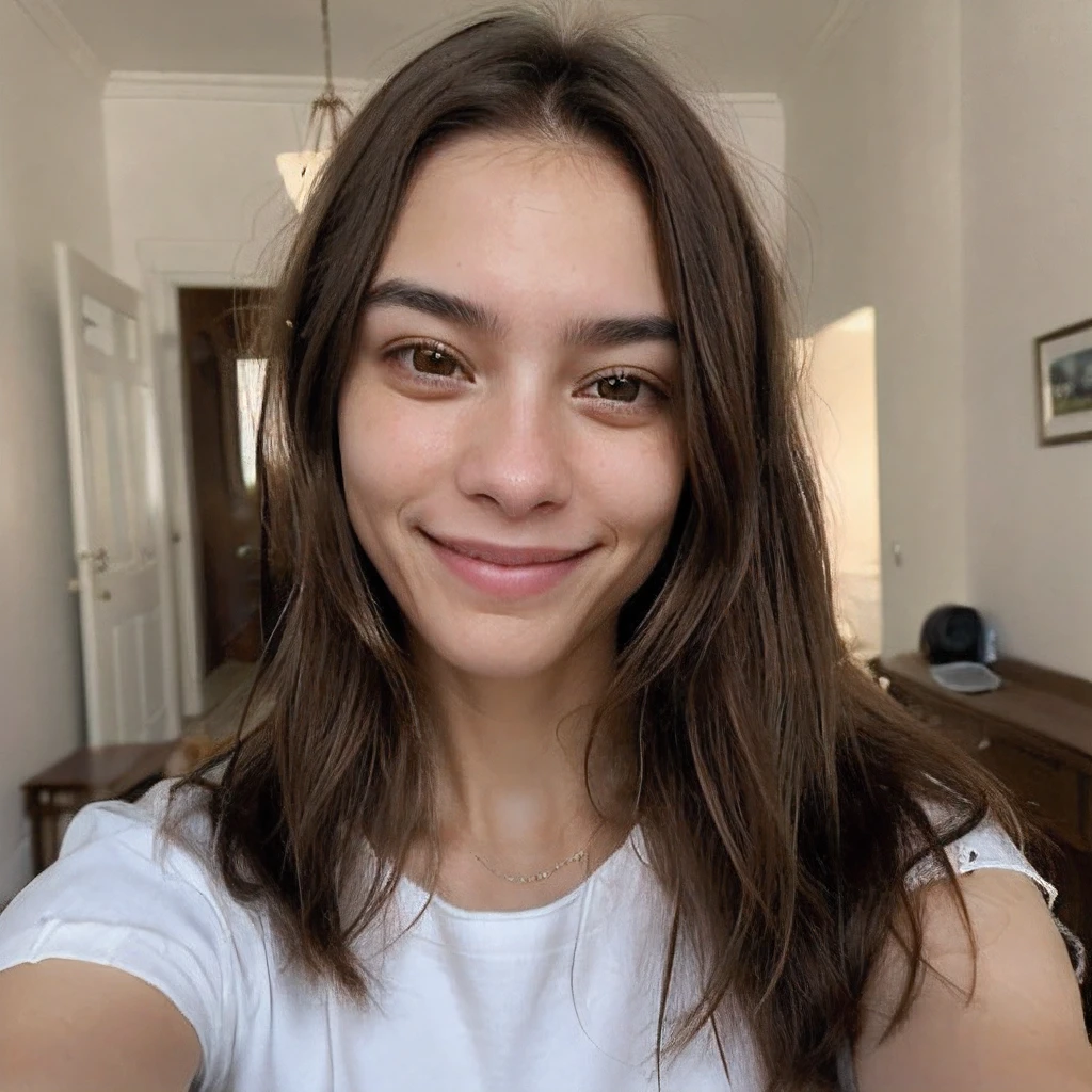 (high quality,realistic,selfie smiling, mujer con el pelo largo, aspecto caucasico, luz calida, Cara delicada y encantadora)