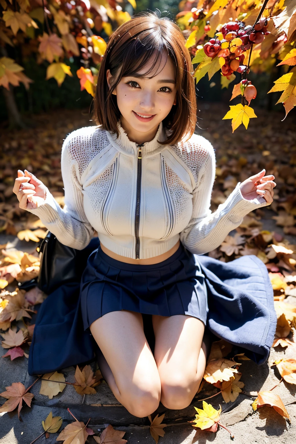 One super beautiful beautiful Korean woman,masutepiece, Best Quality, Ultra-detailed, finely detail, hight resolution, in 8K, ((Photorealsitic:1.4, Raw photography, 超A high resolution,Top image quality: 1.4)), ((Super Korean idol-class beauty:1.3)), (face is round and small), （((The nose is symmetrical and narrow:1.4))）,(The ratio of the transcendental nose is symmetrical and small and high.),Wallpaper, ((1 with perfect full body composition.5)), Beautiful detailed eyes, Natural Color Lip, ((a serene smile:1.5)), ((Random and cute bangs see-through hairstyle)), ((half zip knit clothing:1.5)), ((big breast size：1.5、cleavage of the breast:1.2)), ((Wear random and cute skirts:1.5)), ((Only one mole just above the tear bag:1.2)), ((Background of autumn leaves viewing:1.4)), ((random happy expression)),Highly detailed and natural lighting)),((thigh visible:1.5)),BREAK((I hold the hand of someone other than myself that has reached out.：1.5)),date with a man：1.5,get a random look：1.3,