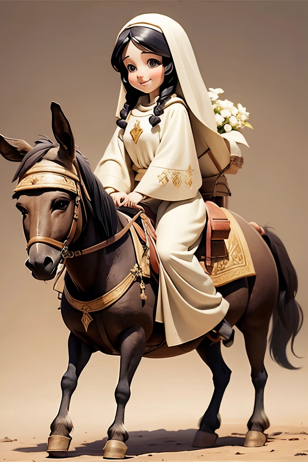 masterpiece, best quality, detailed face, a cartoon of Virgin Mary smiling, riding a donkey, (((full body))).