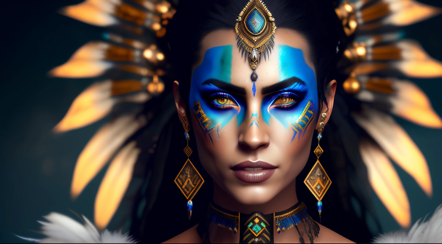 Araffed woman with blue face paint and feathered headdress, Unreal engine : : rave makeup, Tribal make-up, Cinematic goddess close-up, Loba Andrade from Apex Legends, Tribal Face Paint, makeup. Unreal engine, Aloy from Horizon Zero Dawn, Aloy from Horizon: Zero Dawn, Portrait of an Aztec princess, Cinematic Goddess Shot, Young female shaman