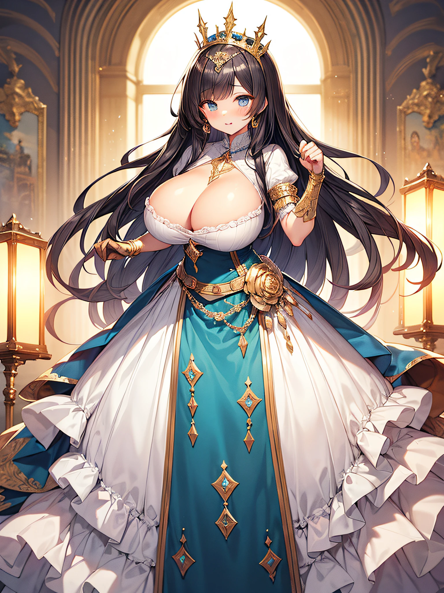 anime artstyle,Masterpiece,(Best Quality),(Super Detail),(Very Delicate and Beautiful),(Solo),((full body portrait)),full body,full body portrait,(detailed face and eyes),jewel-like beautiful eyes,beautiful female princess,elegant pose,(gorgeous rococo ballgown decorated with frilled voluminous full length hoop skirt),((beautiful embroidery and jeweled gorgeous rococo ballgown with voluminous full length hoop skirt)),((Crinoline)),super detailed gorgeous rococo ballgown with frilled voluminous full length hoop skirt,(large amount of straight hair,extremely voluminous Very Long straight Hair,Absolutely Long Straight Hair),((gigantic boobs)),cleavage,(fantasy castle,outdoors,outside the castle),long_gloves,extremely gorgeousfull jeweled hair ornament,bling-bling extremely gorgeousfull jeweled tiara,(luxurious jewelry),full body portrait