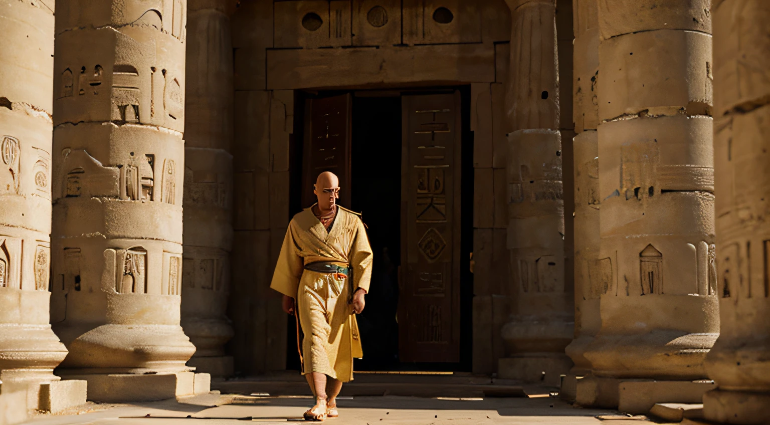 high definition, 8k. Pharaoh's cupbearer, bald, entering the Egyptian temple, wearing Egyptian robes