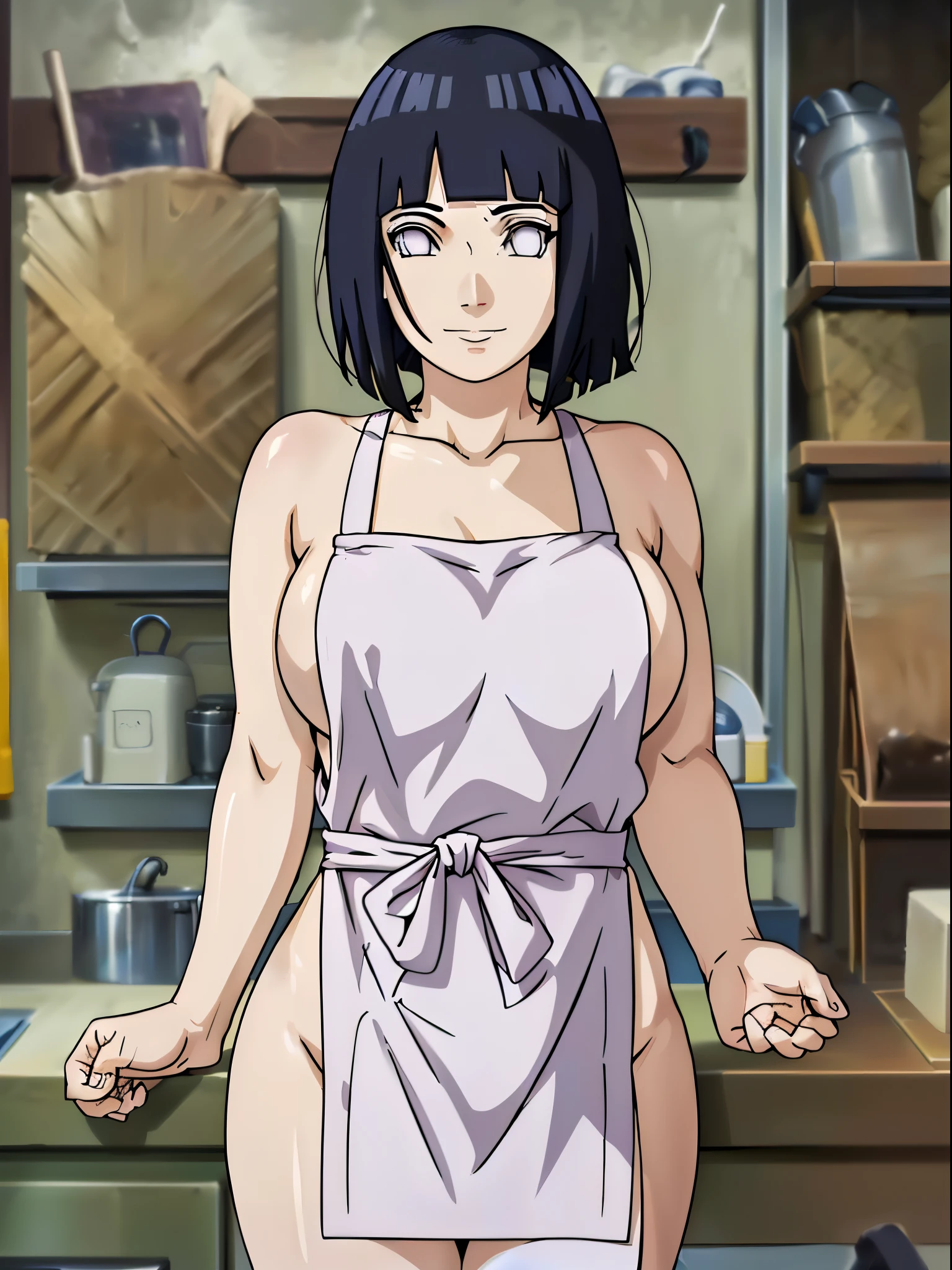 naked wearing white  apron only,, ((thick arm, little biceps)), little biceps, flexing arm muscles , anime style, cute , beautiful , nice body, soft body, (hinata\(boruto\),  (slender body), mature woman , broad shoulders, off-shoulders, (naked wearing white  apron only,  bare arms, bare hands), smile, closed mouth, pale skin, , smile, (dark blue hair color:1.1), wavy hair, floating hair, ((very short hair, hime cut), big breasts,  (perfect eyes, white sciera, bright eyes, white eyes, anime eyes)