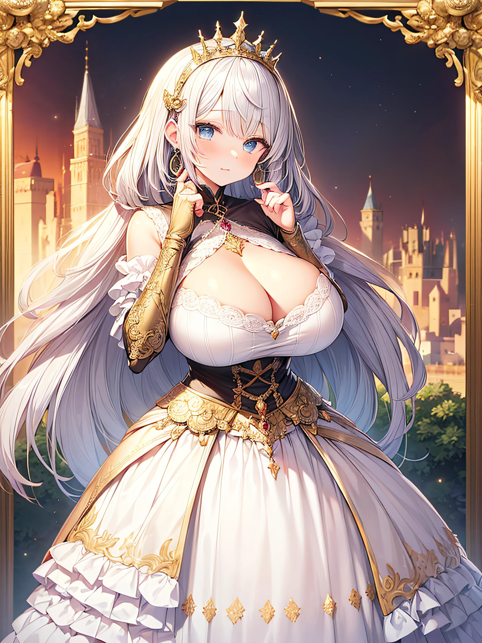 anime artstyle,Masterpiece,(Best Quality),(Super Detail),(Very Delicate and Beautiful),(Solo),((full body portrait)),full body,full body portrait,(detailed face and eyes),jewel-like beautiful eyes,beautiful female princess,elegant pose,(gorgeous rococo ballgown decorated with frilled voluminous full length hoop skirt),((beautiful embroidery and jeweled gorgeous rococo ballgown with voluminous full length hoop skirt)),((Crinoline)),super detailed gorgeous rococo ballgown with frilled voluminous full length hoop skirt,(large amount of straight hair,extremely voluminous Very Long straight Hair,Absolutely Long Straight Hair),((gigantic boobs)),cleavage,(fantasy castle,outdoors,outside the castle),long_gloves,extremely gorgeousfull jeweled hair ornament,bling-bling extremely gorgeousfull jeweled tiara,(luxurious jewelry),full body portrait