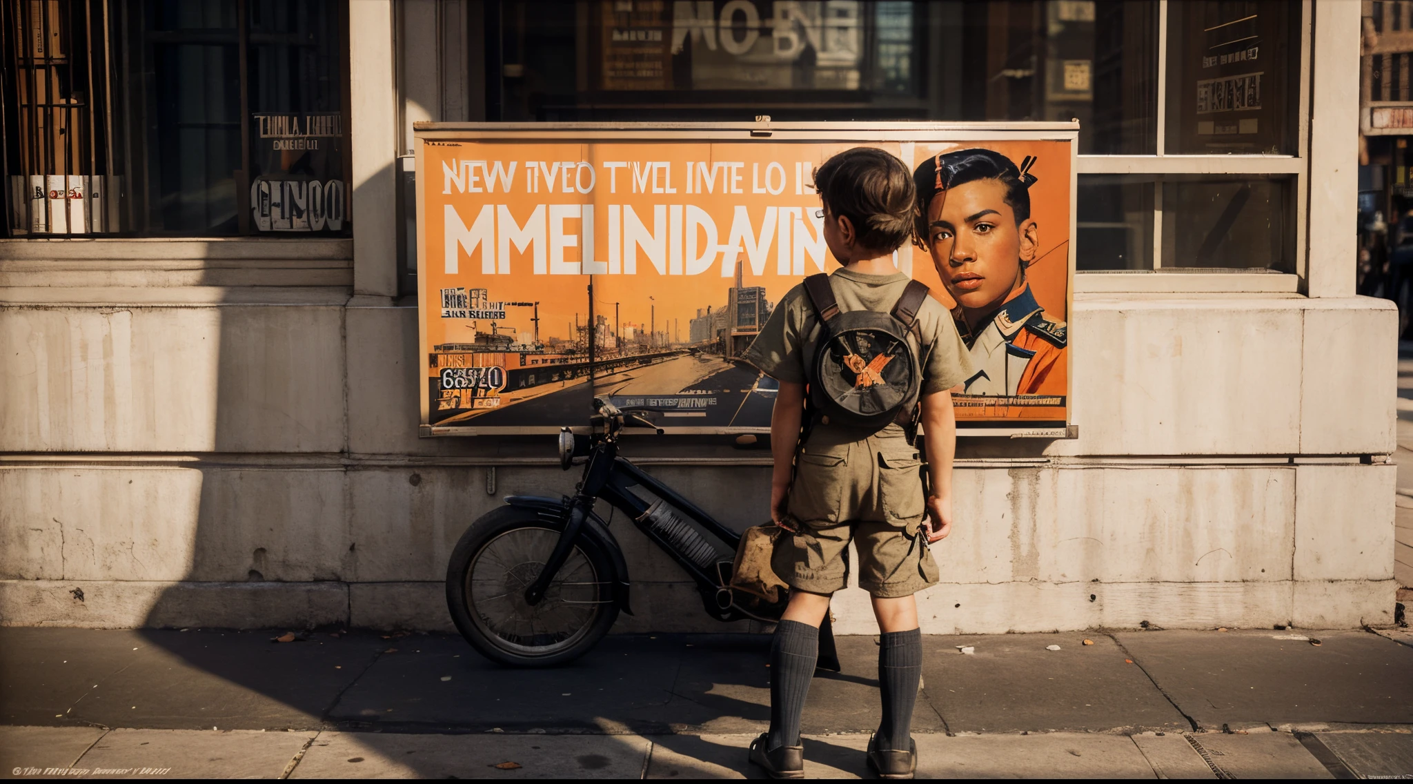"A Small, Weak American Boy in Brooklyn, New York in 1920" Looking at a Poster on the Street by Syd Mead, Tangerine Color Palette with World War II Poster, Detailed, Soft Colors, 8k