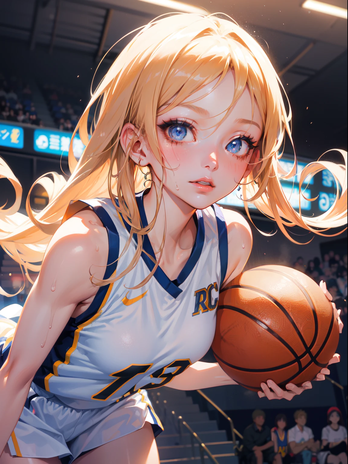 (masterpiece:1.4), ((highest quality)), (Super detailed), ((cute)), (cute), (Lovely), ((sexy)), (device), ((very detailed)), 4k, (8K), highest quality, (beautiful), figure, anime style, painting, dynamic angle, cowboy shot, shooting pose, make my chest tremble, (from wildcard:1.4), thick outline, clear outline, Gradation, (whole body concentration), (Basketball court), cute ,1 girl, basketball uniform, alone, beautiful random colored eyes, ((beautiful eyes)), slightly wheatish skin, short hair, 1 basketball:0.8,dribble, (huge huge boobs), (serious face), open your mouth, Sweat, vapor, glitter effect, Lens flare, shiny, shine