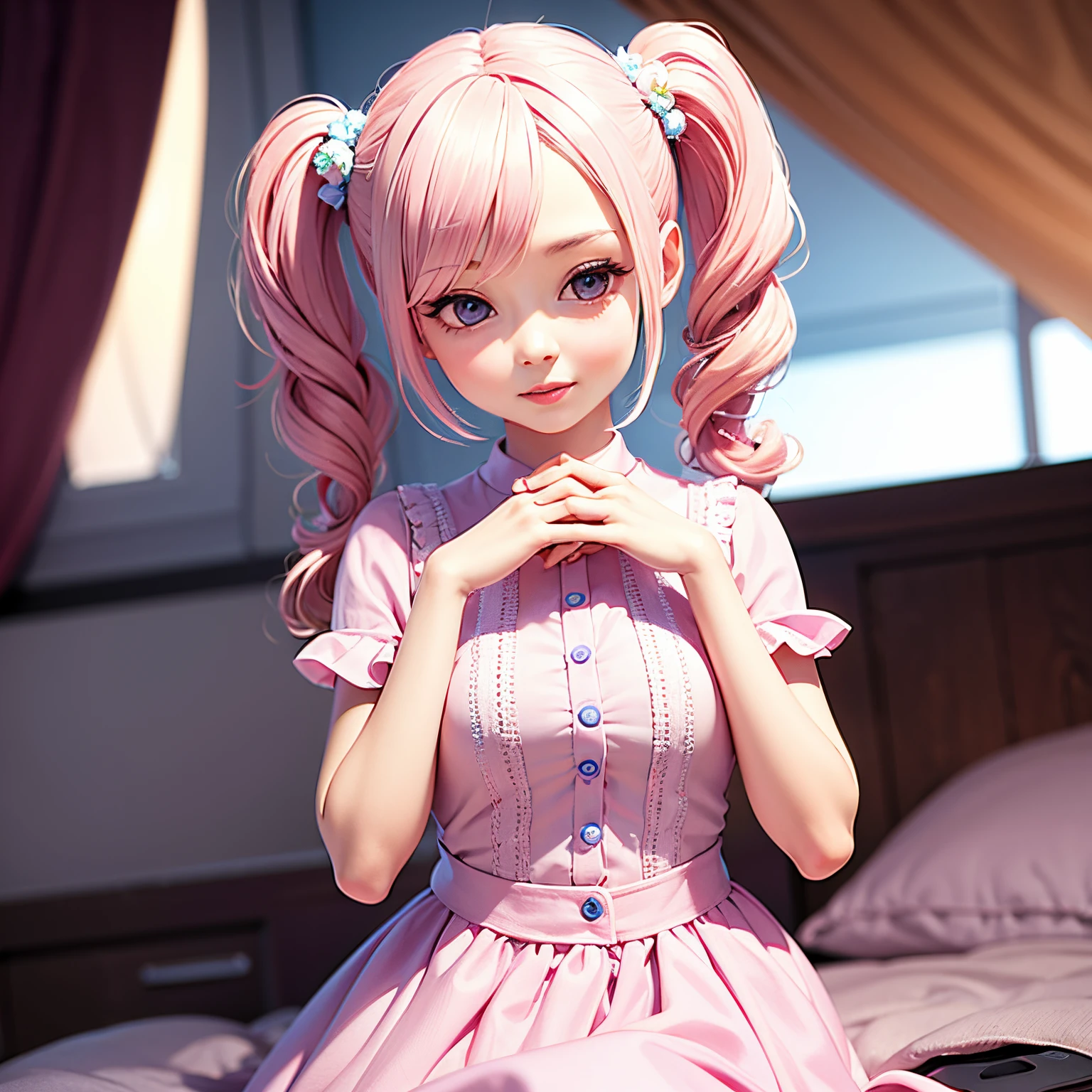 A humanlike doll with light pink hair in pigtails and purple buttons for eyes. She is wearing a pretty pink dress.