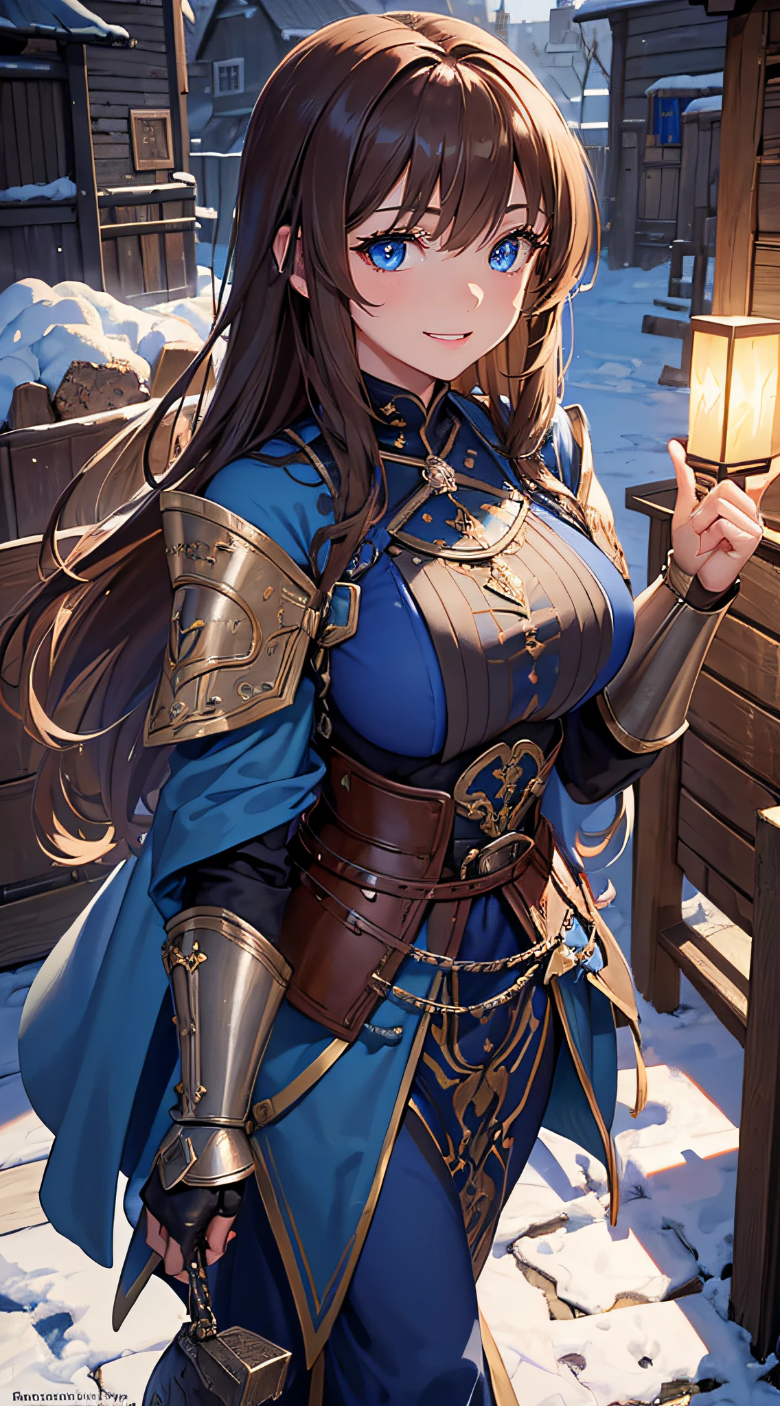 ((Extremely detailed)), 4K, ((cinematic lighting)), Close up, fantasy world, medieval, cobblestone city, wooden stone houses, snow, marketplace, market stalls, adult woman, royal guard, long brown hair, blue eyes, ((beautiful eyes)), happy look, grin, blue tunic, shiny armor, steel plate shoulders, steel gauntlets, chainmail, big breasts