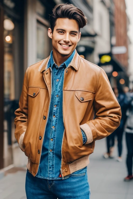 A 25-year-old young handsome man who looks like Johnny Depp、What it's like to be a model、dressed casually、Wear red trainers、brown color jeans、Delicate face、a handsome、Her hair is light brown、Brown eyes、Daytime on a sunny day、Center Street、Cool standing figure、Live-action shooting style、High Definition 8K、Bright smile、Looks like a model、
