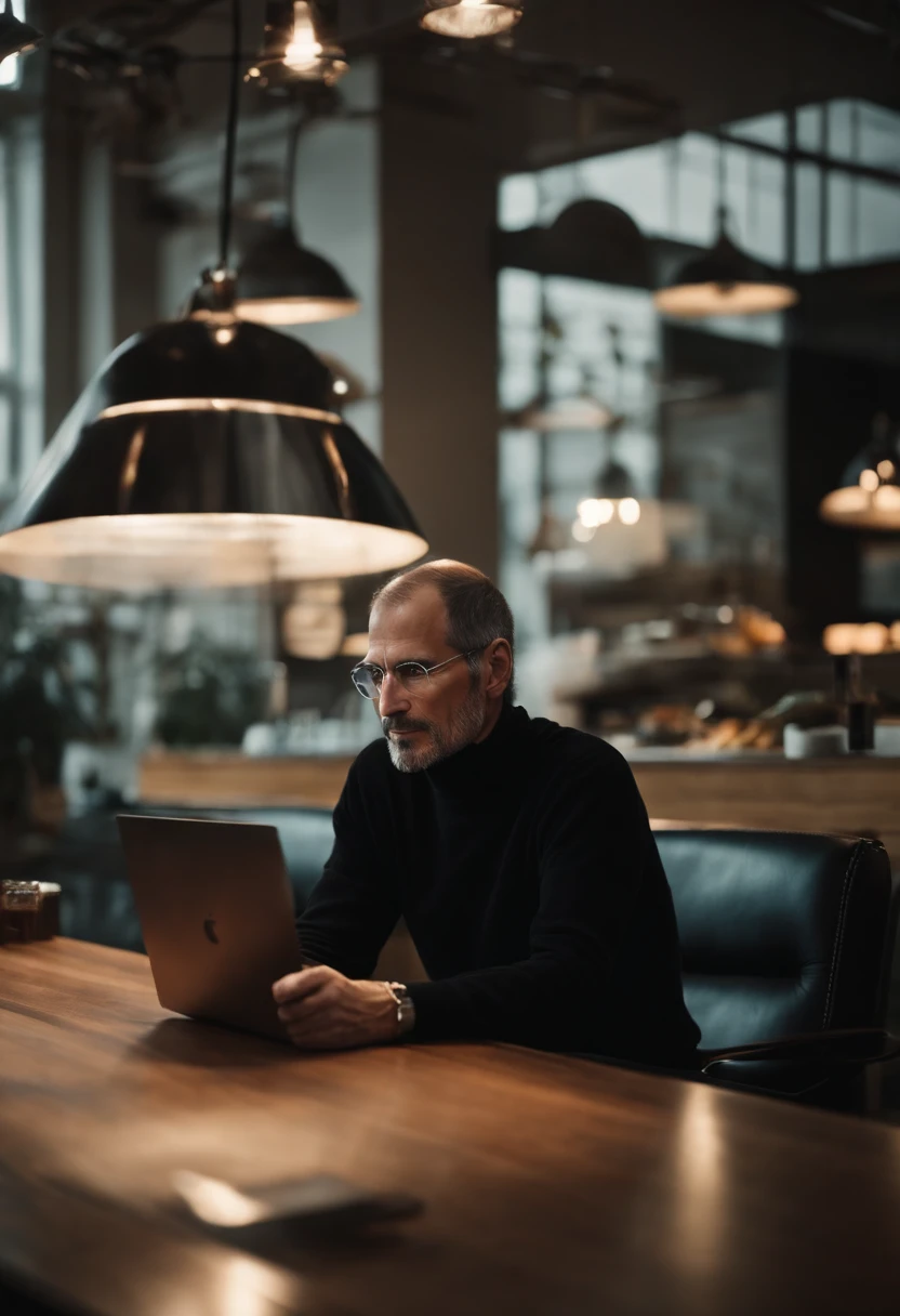 A photo of Jobs sitting in a sleek, modern coffee shop, working on a new concept for the next big thing,original,Steve Jobs, the co-founder of Apple Inc., was known for his signature style: a black turtleneck, blue jeans, and New Balance sneakers, creating a minimalist and iconic image. He had a slender build and an intense, penetrating gaze, often accompanied by a contemplative or fiercely determined expression.
