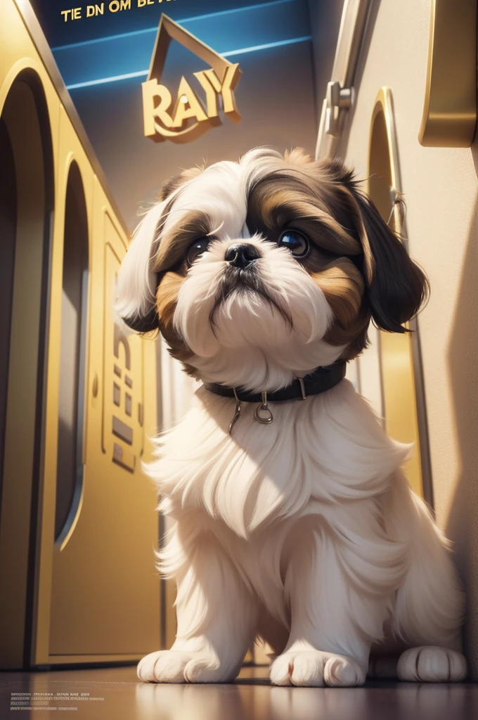 shih tzu face, white, black ears, a bit of brown