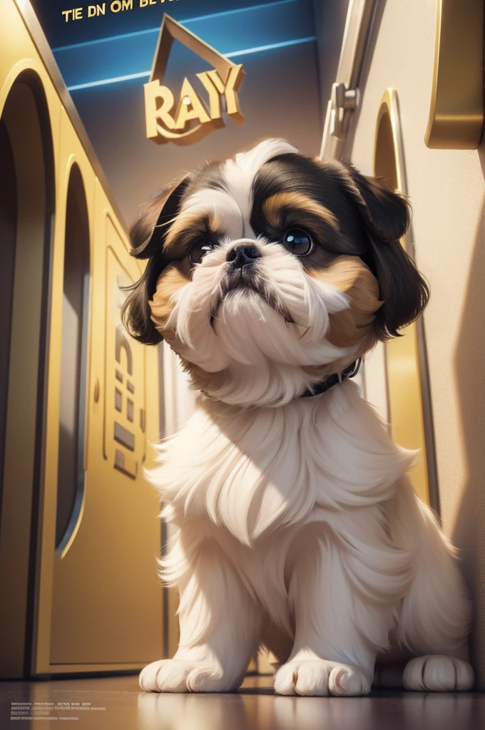 shih tzu face, white, black ears, a bit of brown