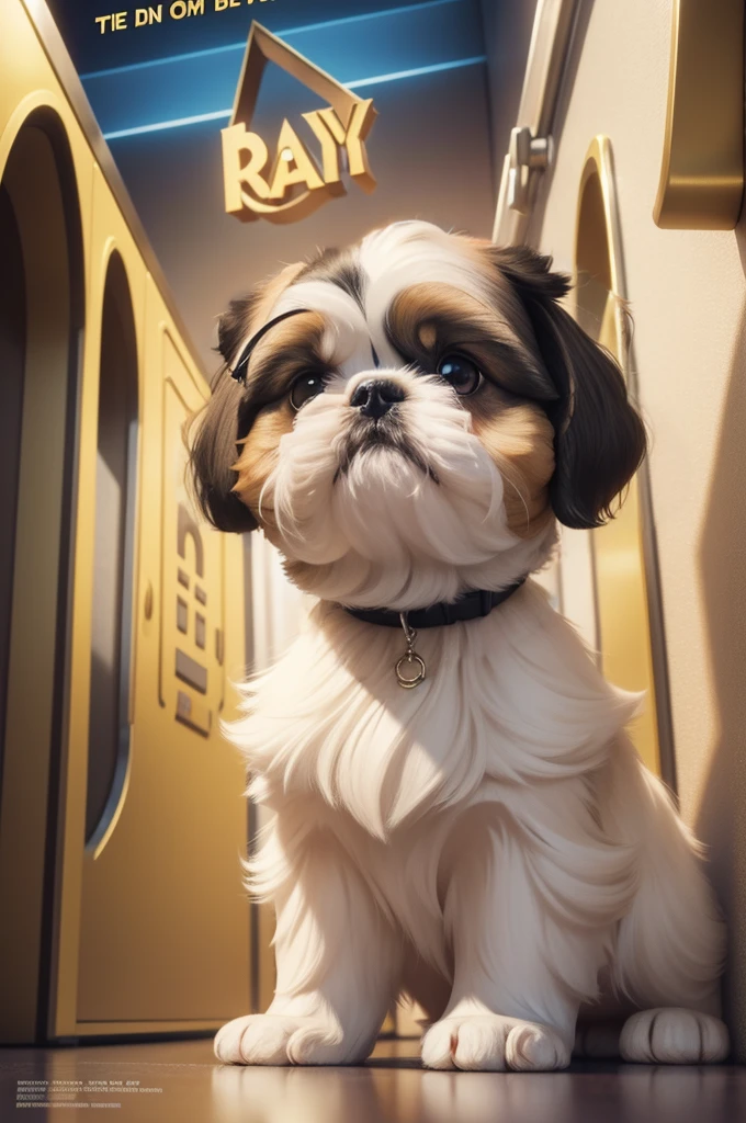 shih tzu face, white, black ears, a bit of brown