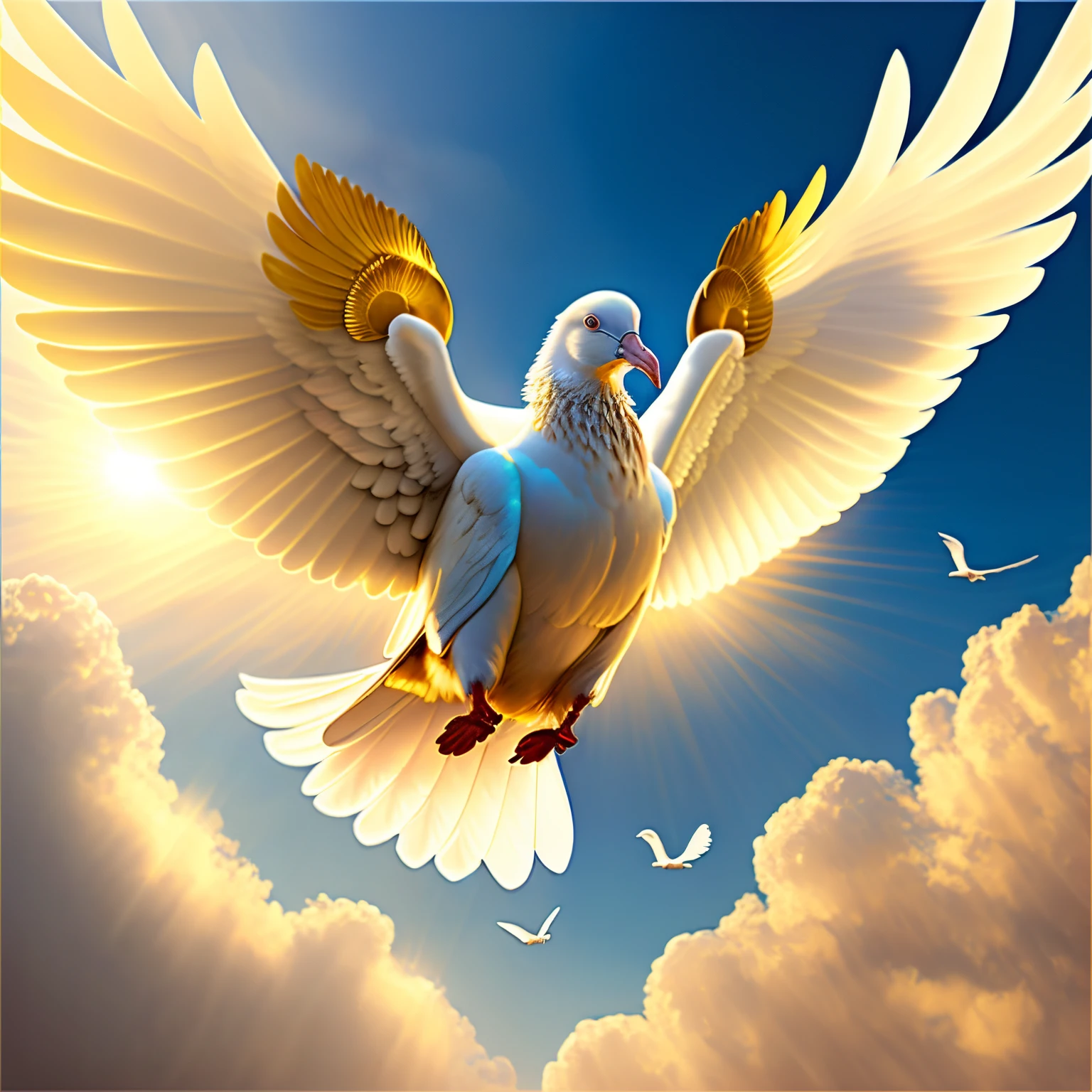 A white dove flying with two wings open, giving golden light from it representing the holy spirit