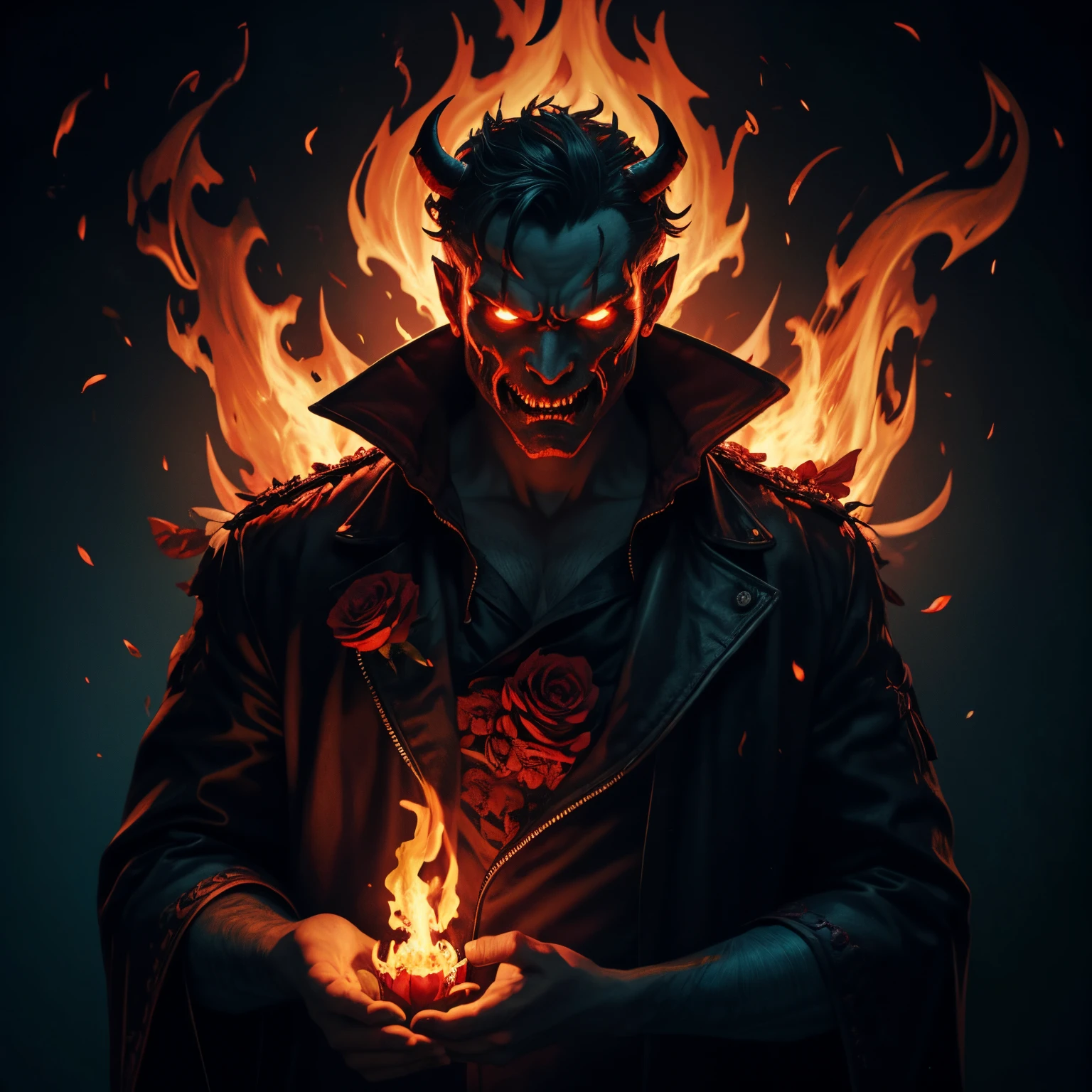 a man with a demon face holding flowers with flames in his hands, in the style of dark cyan and red, illustrative realism, gamercore, mysterious backdrops, 32k uhd, ferrania p30, vibrant realism