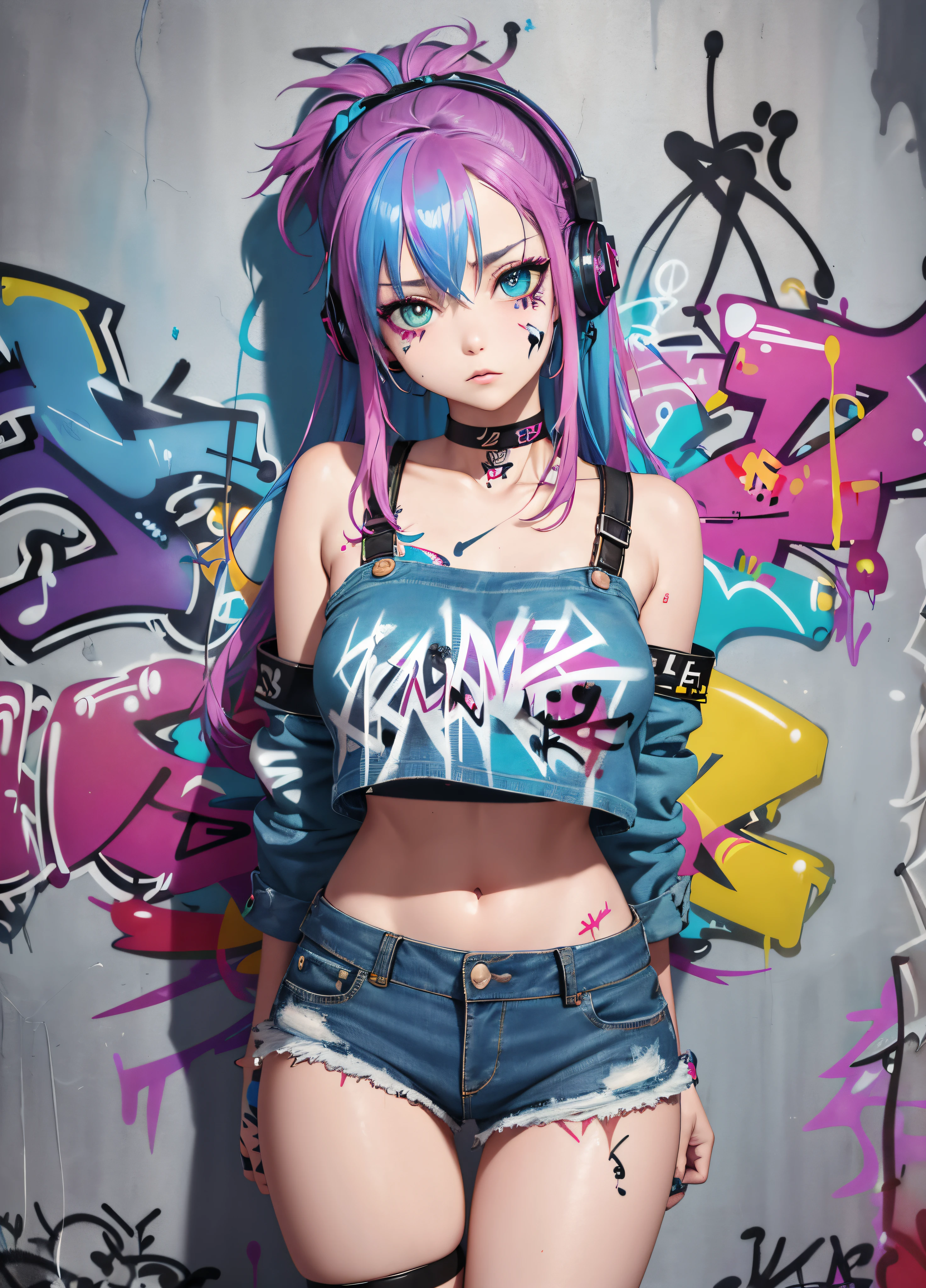 masterpiece, best quality, voluptuous 1girl, solo, crop top, denim shorts, choker, (graffiti:1.5), paint splatter, arms behind back, against wall, looking at viewer, armband, thigh strap, paint on body, head tilt, bored, multicolored hair, aqua eyes, headset,