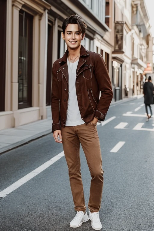 A 25-year-old young handsome man who looks like Johnny Depp、What it's like to be a model、dressed casually、Wear red trainers、brown color jeans、Delicate face、a handsome、Her hair is light brown、Brown eyes、Daytime on a sunny day、Center Street、Cool standing figure、Live-action shooting style、High Definition 8K、Bright smile、Looks like a model、