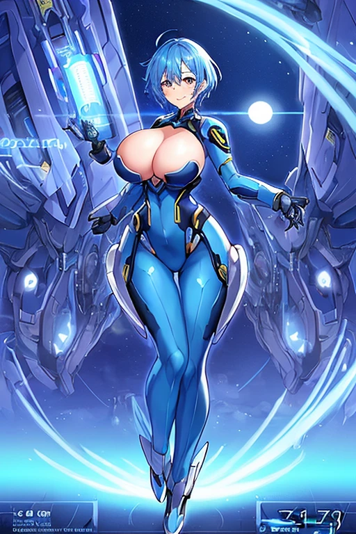 1girl, blue hair, ?????????????, ???????, ????????, short hair, very short hair, light smile, science-fiction, tech, futuristic, machinery, anime style, anime screencap, leotard, full body, night, sky, moon
