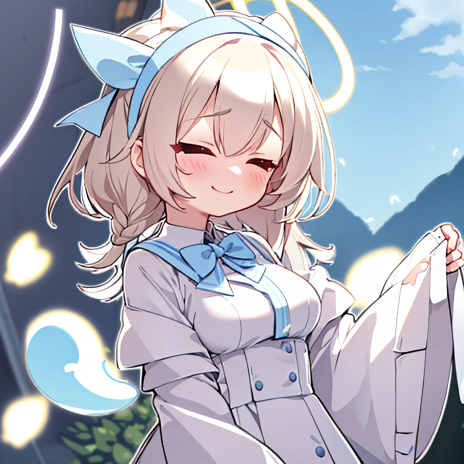 arona, 1girl in, Beige Hair Band, bow hairband, The halo, shorth hair, Single braid, student clothes, Blue shirt, White sailor color, long-sleeve, white bow ties, a white choker, white backgrounid, Chibi, AI super resolution x 2(..png),Overperth/To create a bigger impact、magnify what is in front of you、Draw the back smaller on purpose、exaggeration of perspective。A shining face like a girl,expressioness。Printed in light pastel colors,thick coating,The tree々hill with hills,zoom over,romantic atmoshere,Standing sideways by the window with blue light fireflies,Close-up of fantastic breasts,Beautiful outlines,A gentle smile with half-closed eyes,The halo illuminates the surroundings,