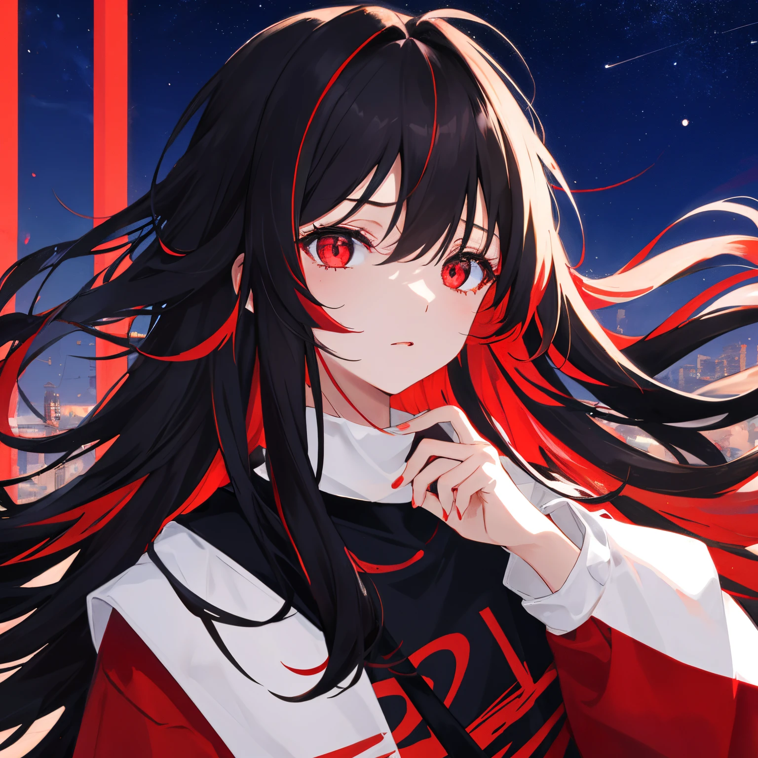 Need, exquisitedetails, color difference, 1girl, long whitr hair, brunette color hair, messy  hair, red highlights, red eyes, sharp sharp eyes, Neon shirt, dreamy scenes，sky cities，Beautiful starry sky