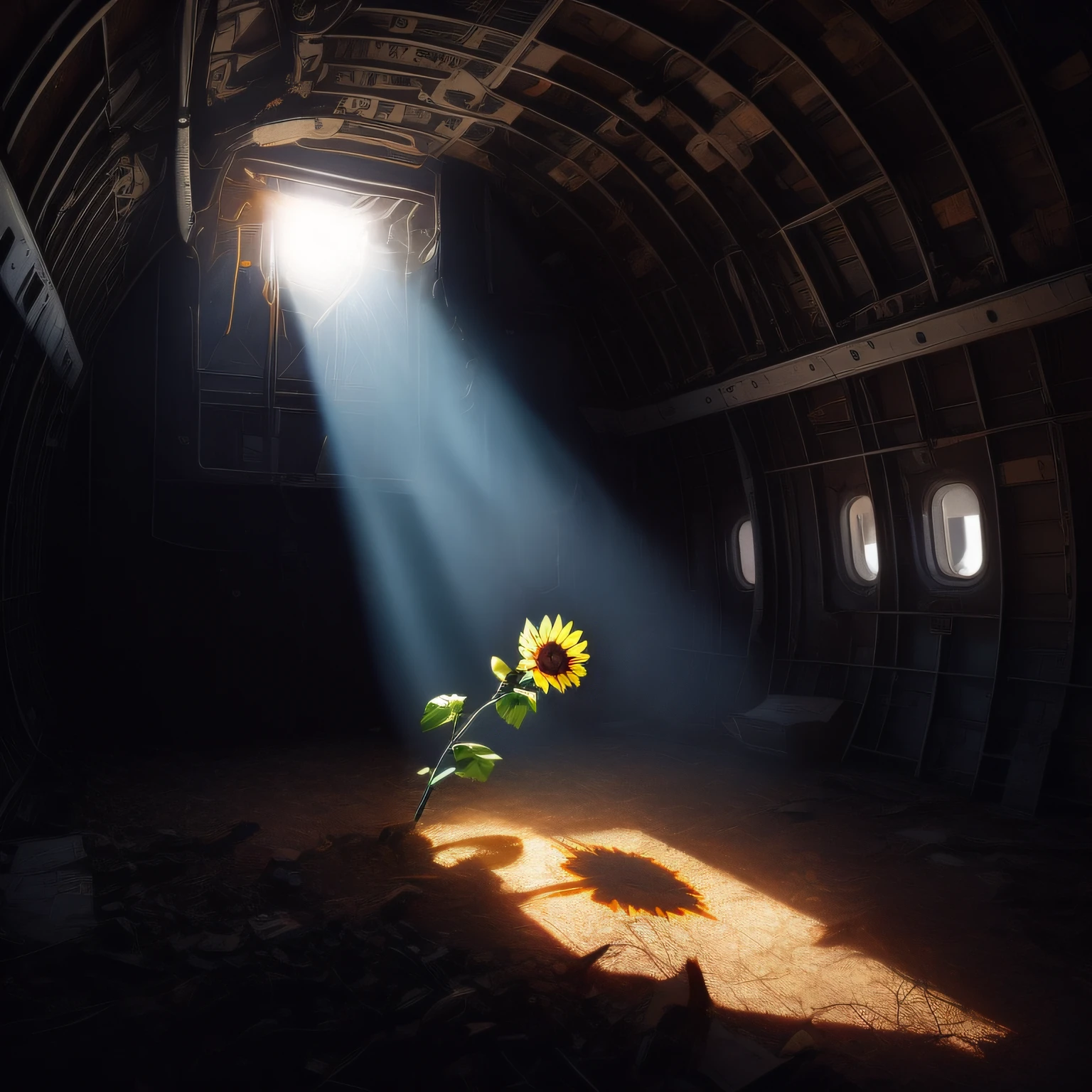 In the diminishing light of an evening morning, within the darkened confines of a shattered cargo plane, a solitary sunflower unfurls on the floor. Bathed in the glow of a slender beam filtering through a broken window, the sunflower's yellow petals catch the vibrant rays of the late afternoon sun. The surrounding space remains enveloped in shadows, creating a dramatic interplay of darkness and the luminosity that graces the lone flower within the aircraft's interior.